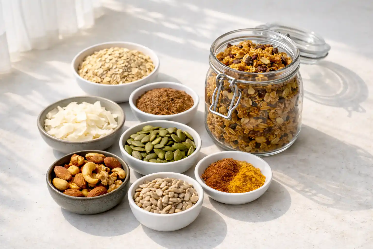 nyttig granola recept på plåt med havregryn, frön och nötter som rostats gyllene i ugn