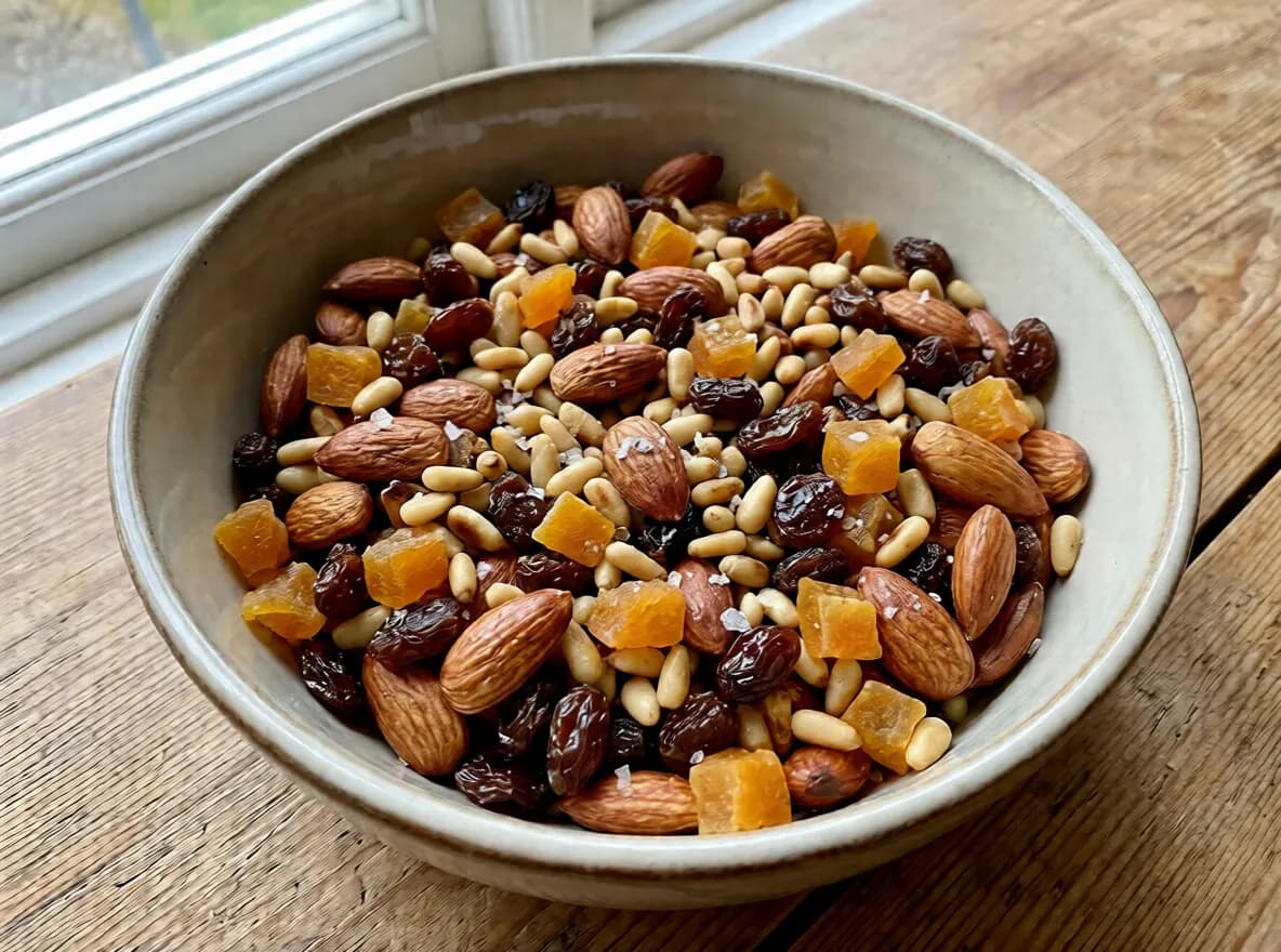 Nyttiga snacks med rostade mandlar, pinjenötter och torkad frukt i en skål