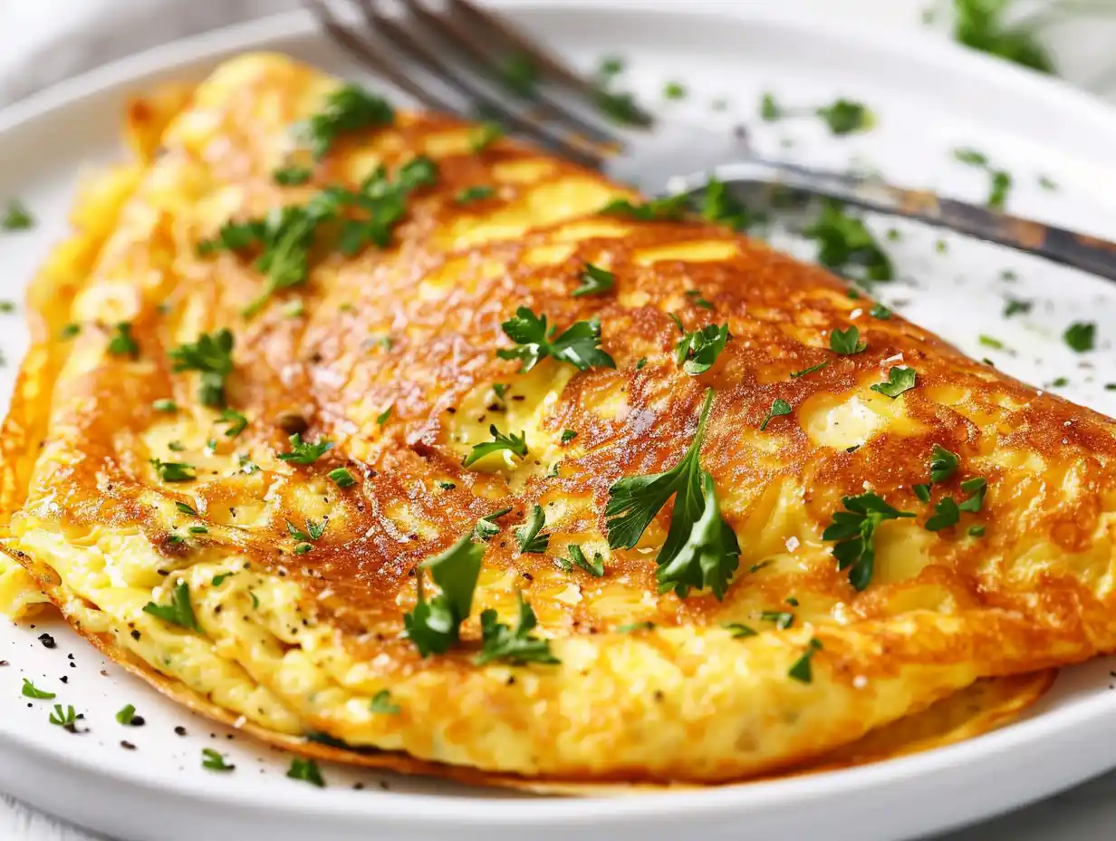 Omelett i stekpanna med krämig yta och gyllene kanter, vikt snyggt och serverad direkt.