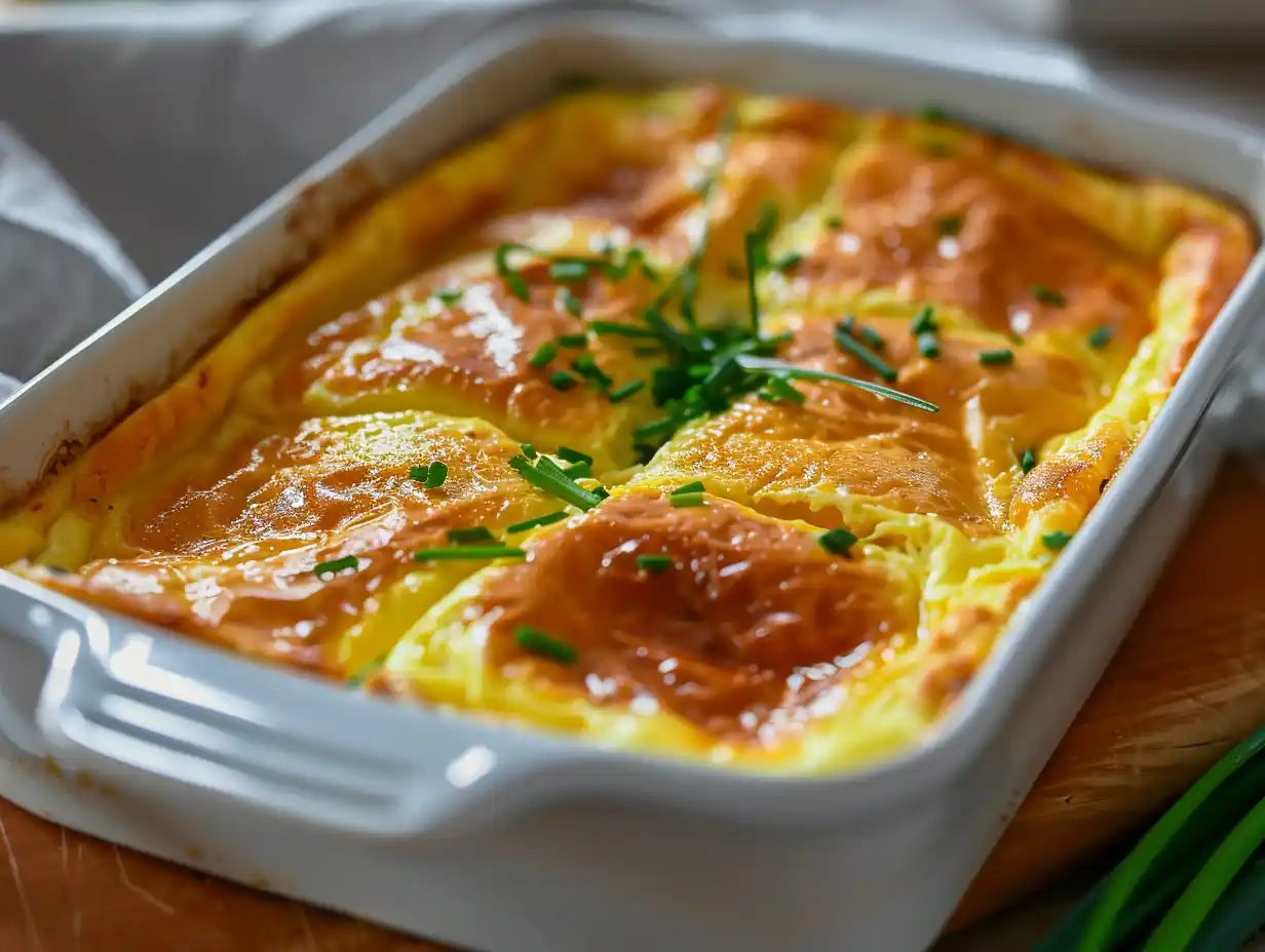 Omelett i ugn i ugnsform, luftig och gyllene, skuren i rutor och serverad varm.