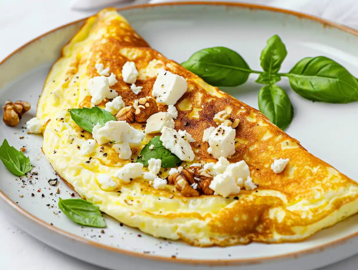 Omelett med fetaost i stekpanna med spenat och basilika, krämig i mitten och lätt vikt vid servering.