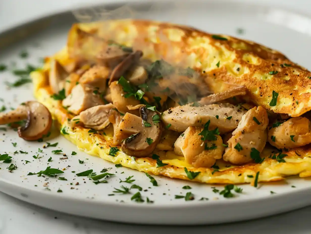 Omelett med kyckling i stekpanna med svamp och salladslök, krämig mitt och gyllene kanter.