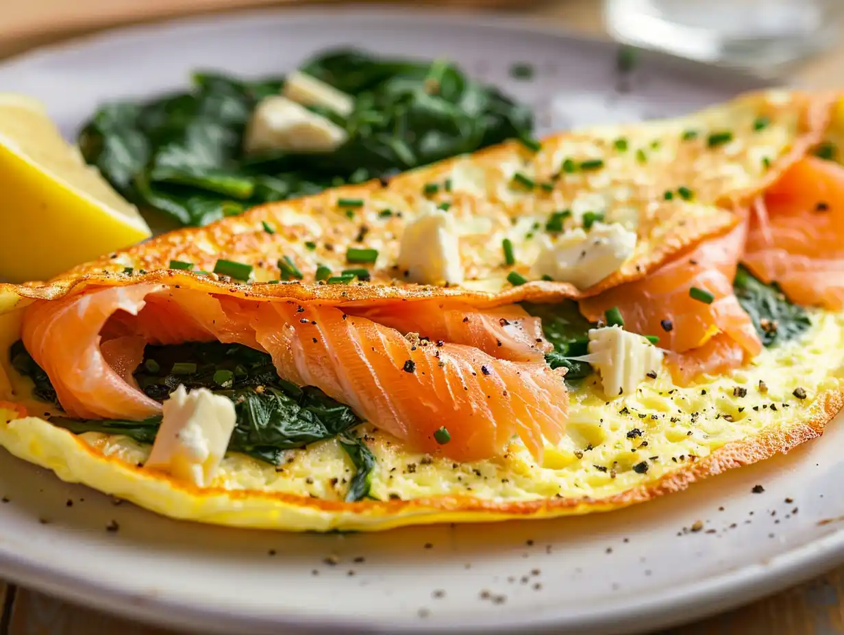 Omelett med lax med krämig mitt, spenat och feta som precis smälter, vikt och serverad varm.