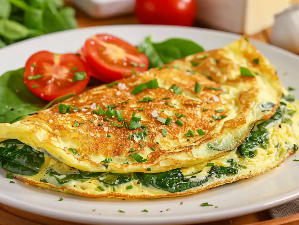 Omelett med spenat i stekpanna med gröna blad och smält ost, vikt och serverad varm.