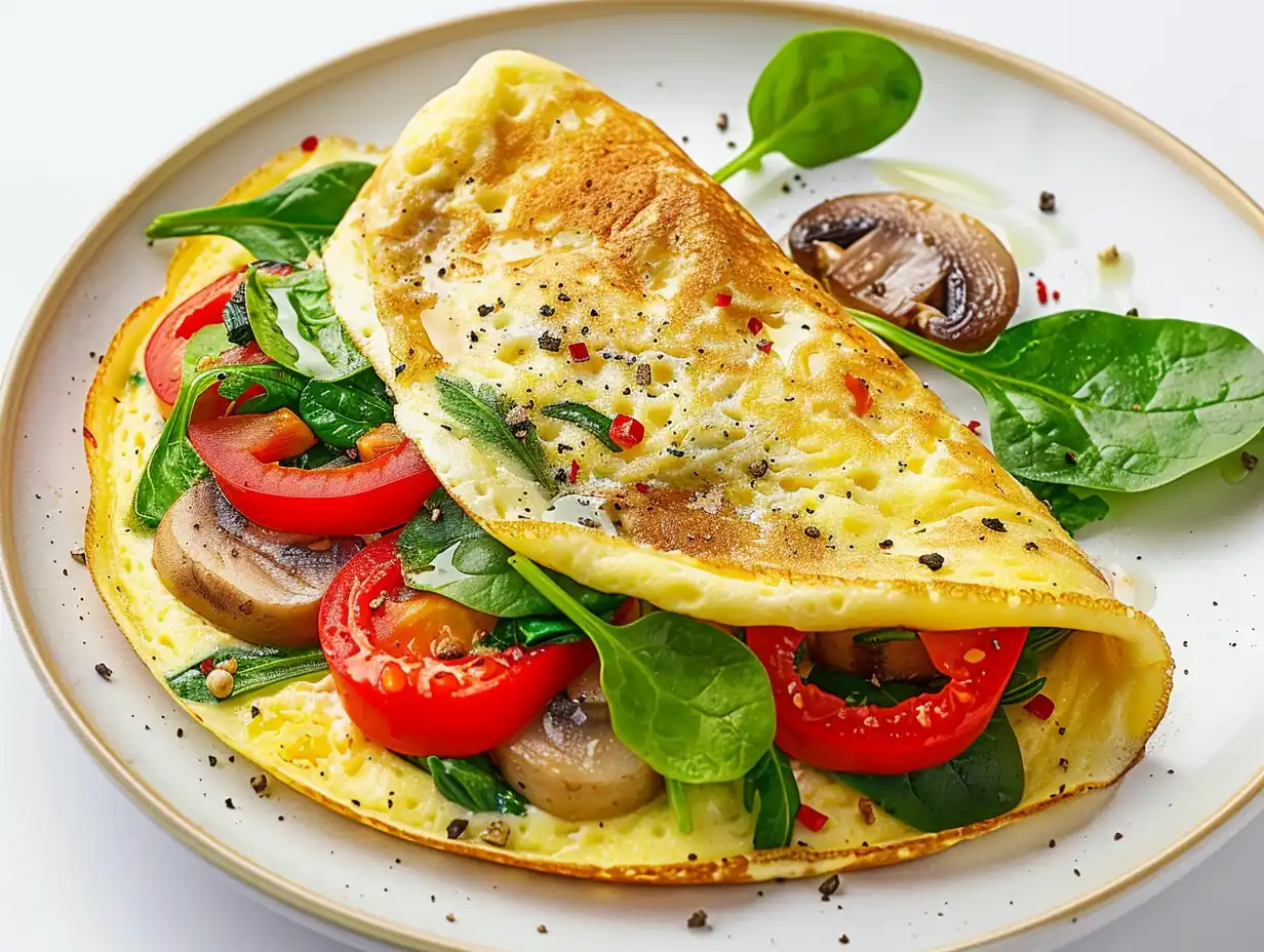 Omelett på äggvita med spenat, svamp och paprika stekt i panna.