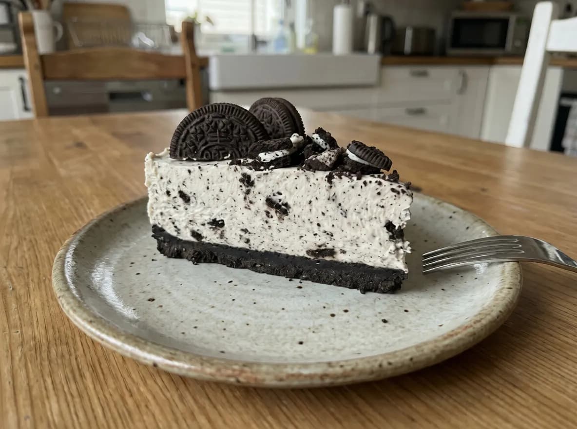 En bit krämig Oreo cheesecake på ett fat, toppad med krossade kakor och vispad grädde