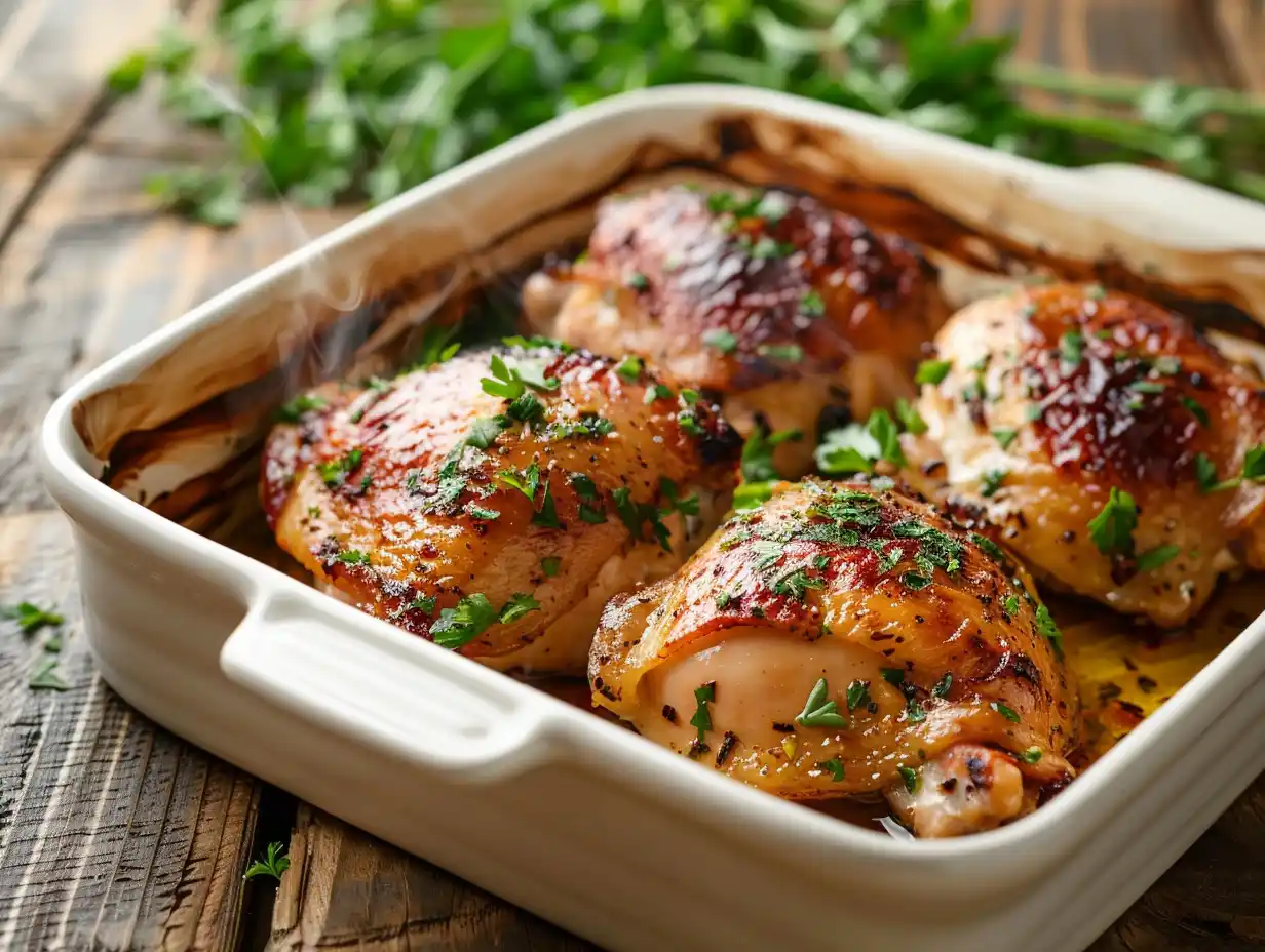 Örtmarinerad kycklinglårfilé med persilja och vitlök serverad varm direkt från ugnen.