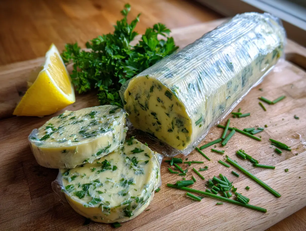 örtsmör recept rullade i plastfolie och skurna skivor med persilja och citron på träbräda i naturligt ljus