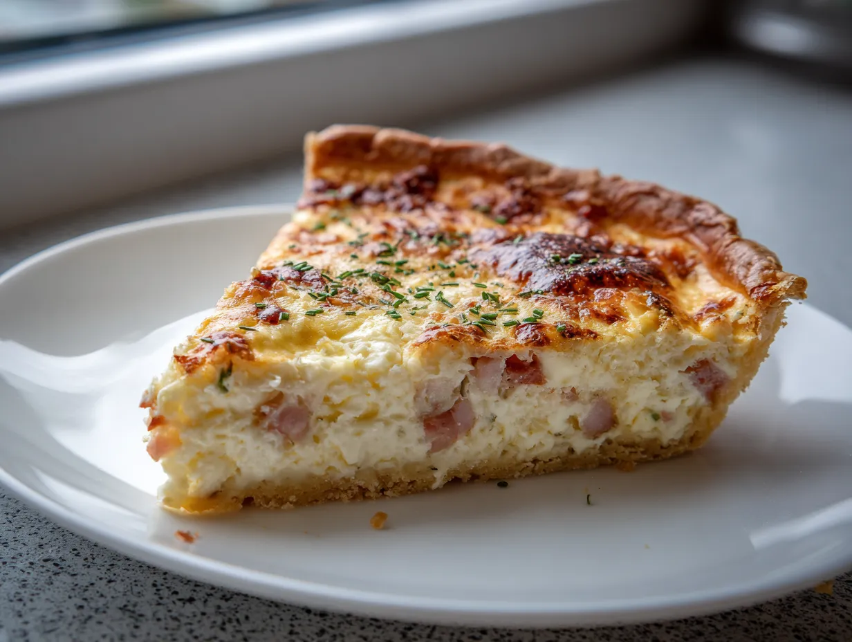 Ost och skinkpaj med gyllene yta och krämig fyllning serverad i pajform