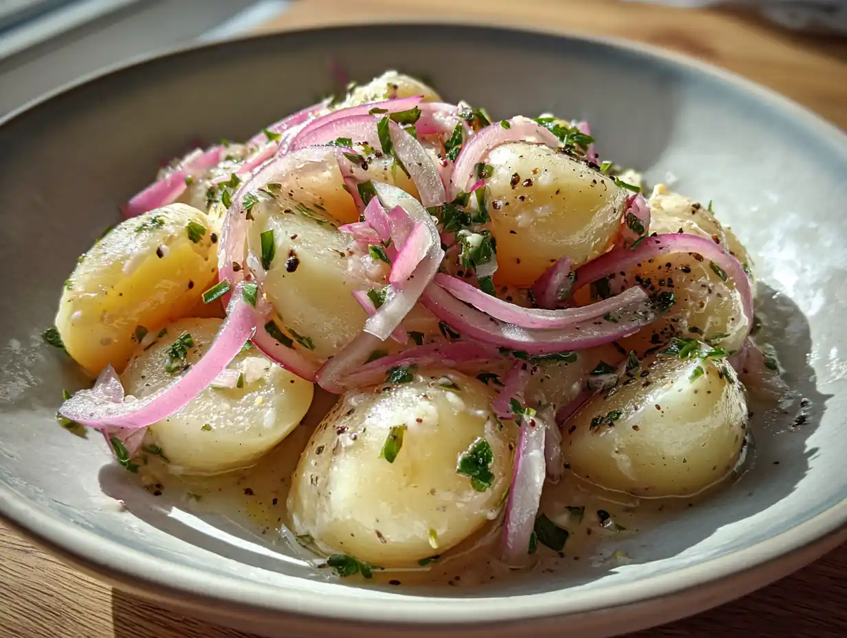 österrikisk potatissallad i skål med skivad potatis, rödlök, persilja och blank syrlig buljongdressing.