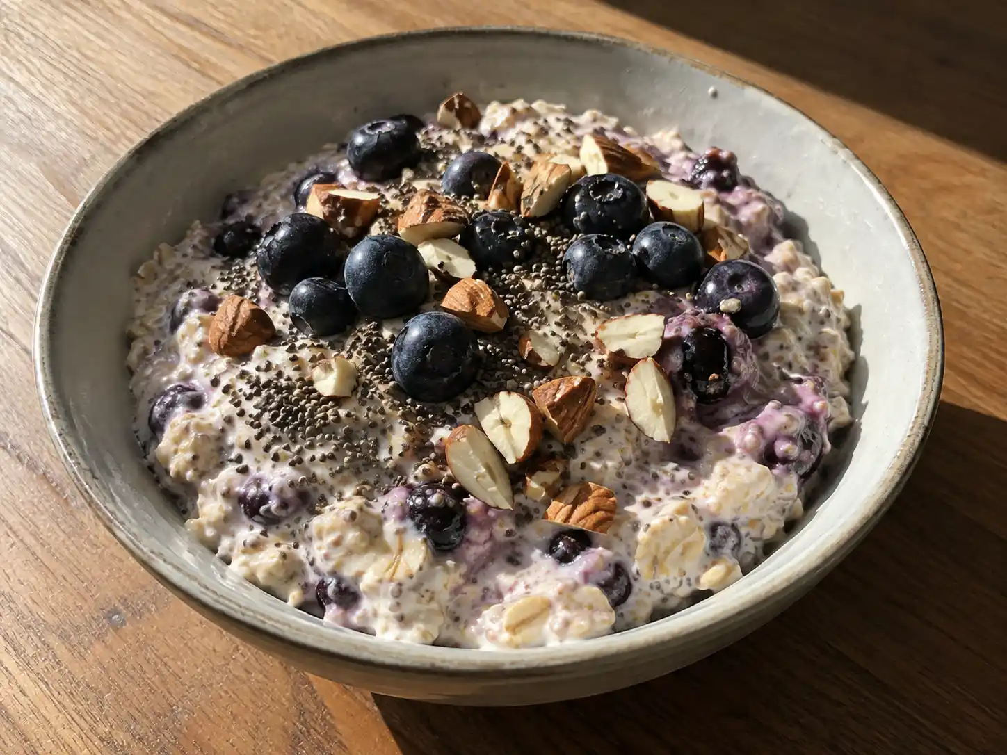 overnight oats kvarg med blåbär, chiafrön och krämiga havregryn serverad i en enkel frukostskål