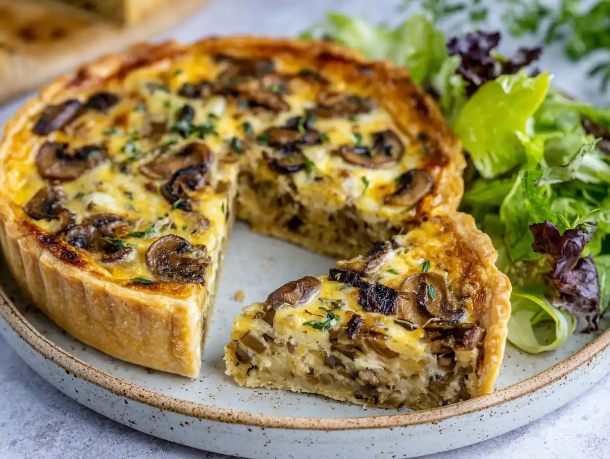 paj med kycklingfärs med gyllene osttäcke, stekt svamp och dragon, serverad i form med krispig sallad vid sidan.