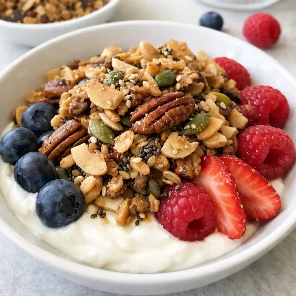 paleo granola i glasburk med synliga nötter, frön och kokosflakes på träbord i mjukt morgonljus.