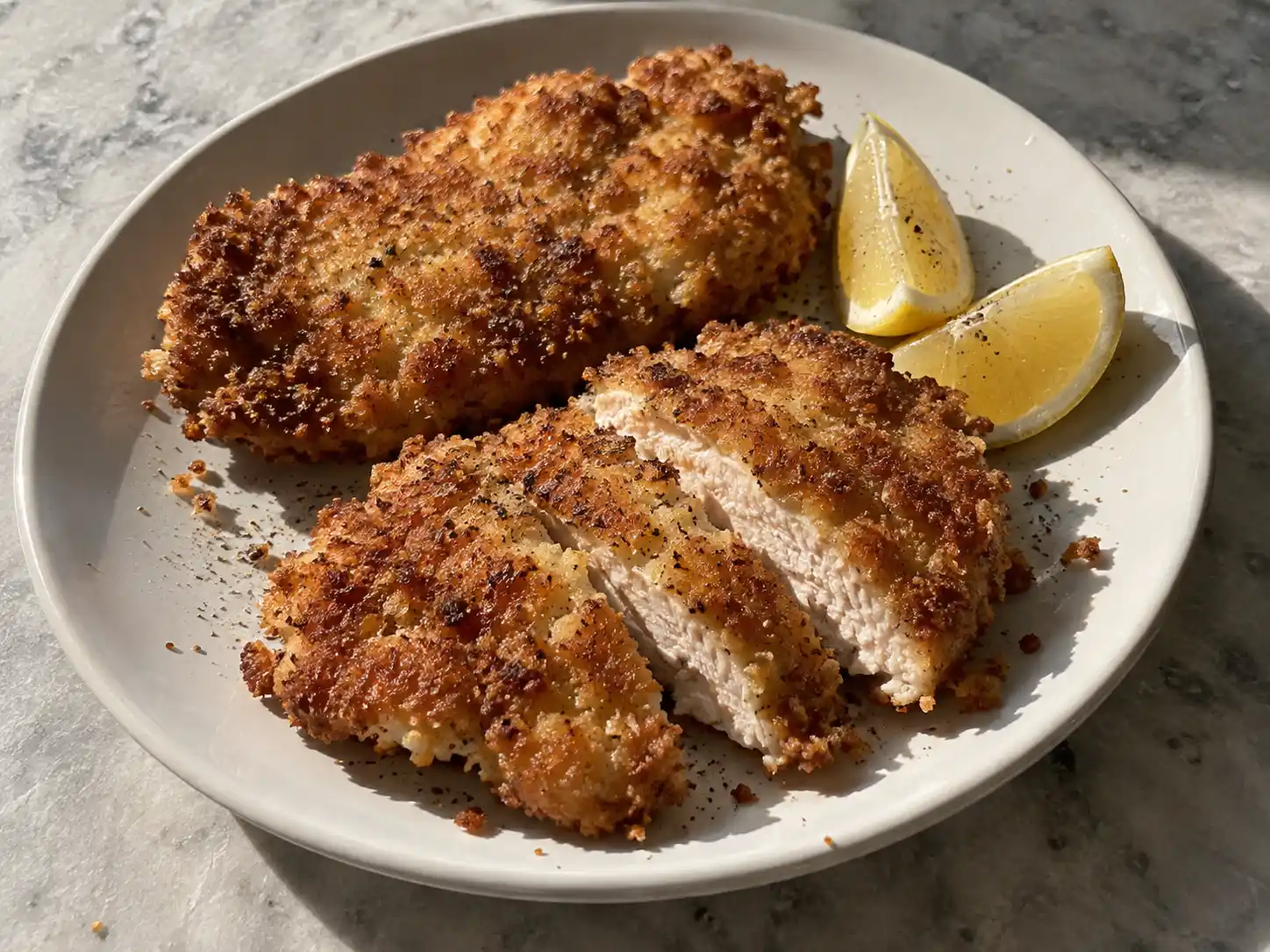 Tallrik med panerad kyckling med gyllene pankoyta, citronklyftor och saftigt skuren kyckling.