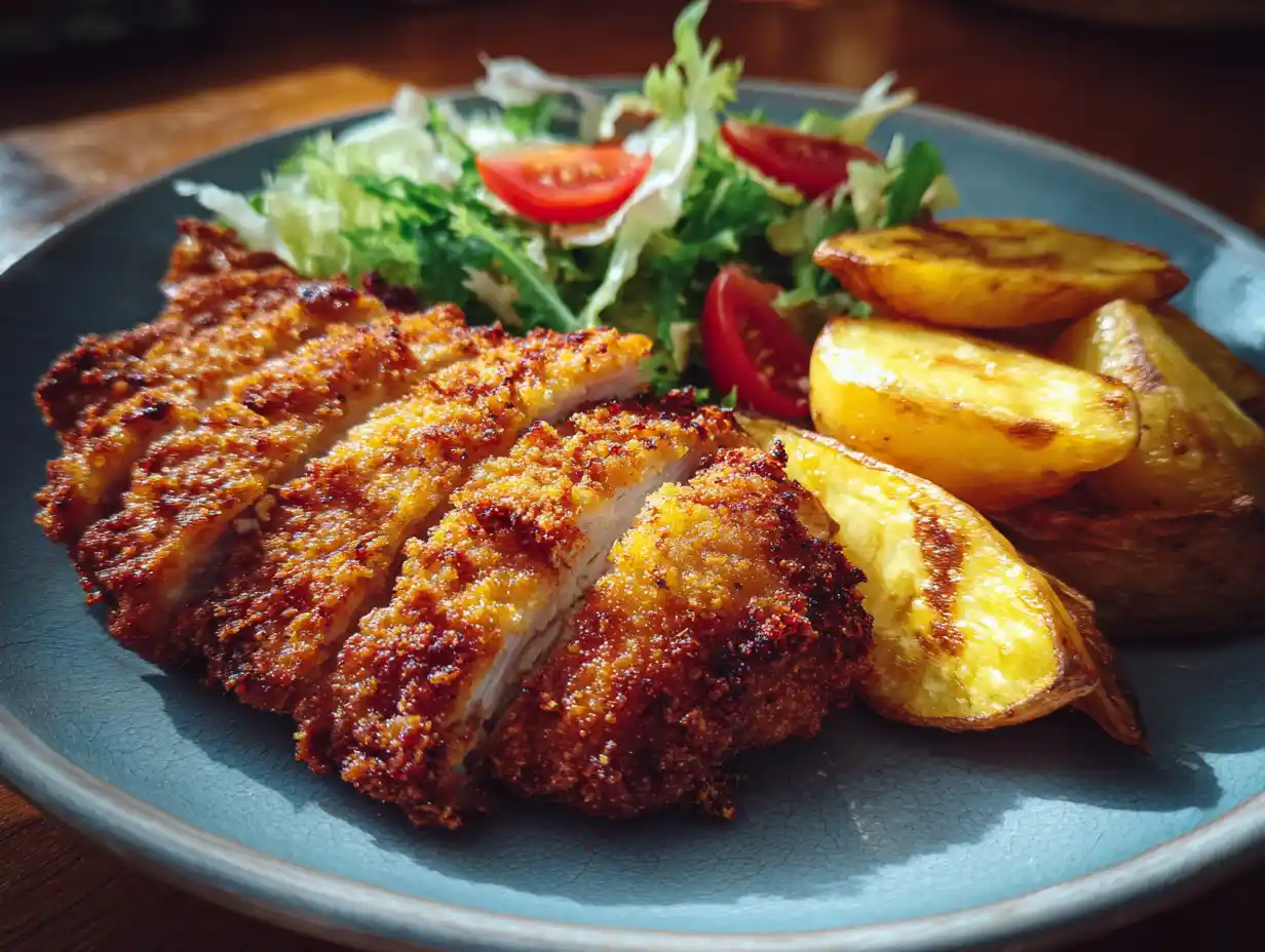 Panerad kycklinglårfilé med krispig gyllene yta serverad med sallad och potatisklyftor.