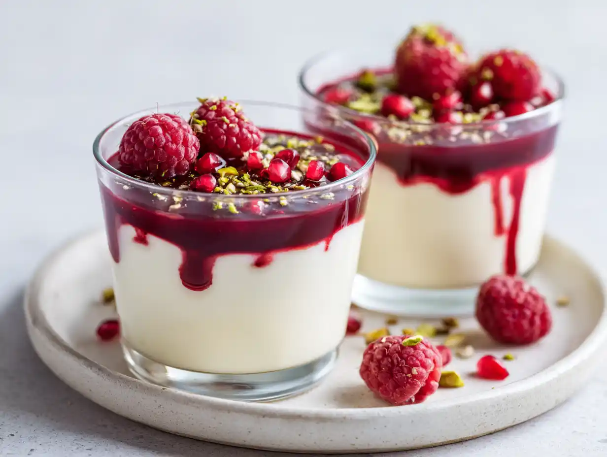 Pannacotta nyår serverad i glas med len vaniljpudding, blank hallonsås och färska bär på ljus duk.