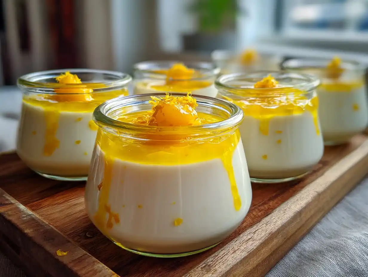 pannacotta påsk i glasform med gul mangokulí och citronskivor på träbricka i naturligt fönsterljus