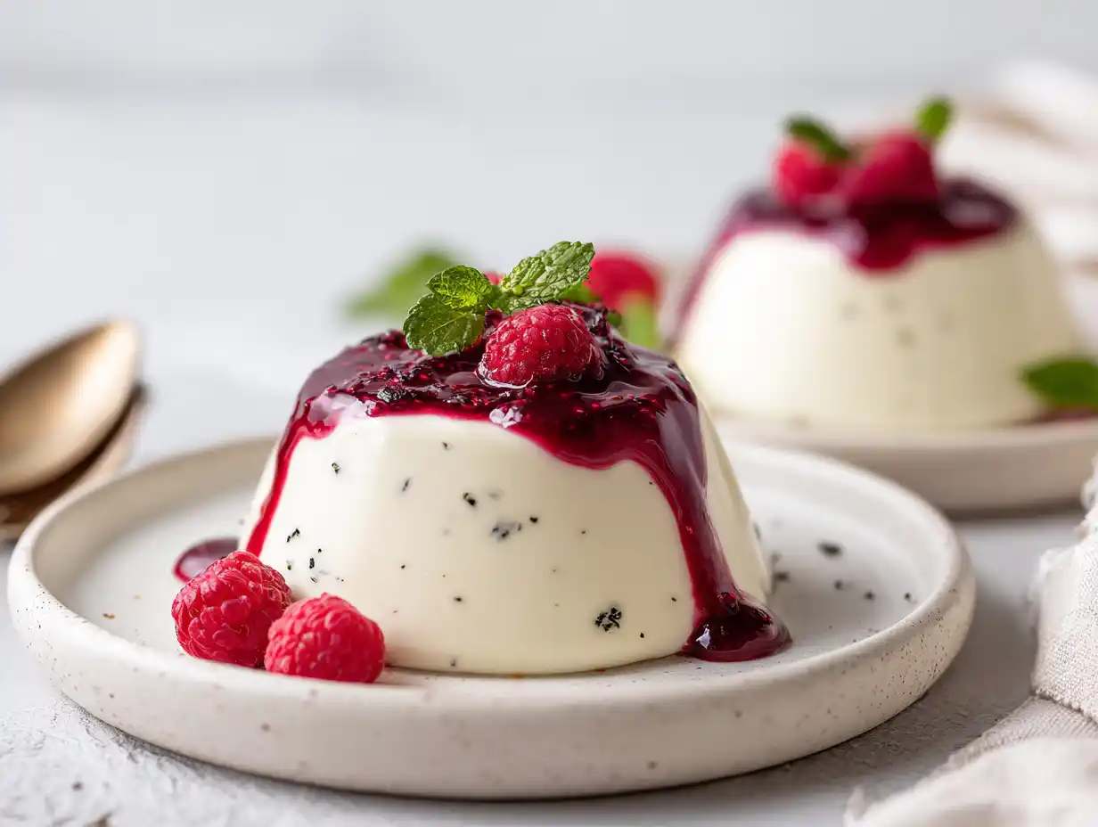 Pannacotta utan gelatin i små glas med len vaniljkräm, hallon på toppen och en blank, mjuk yta.