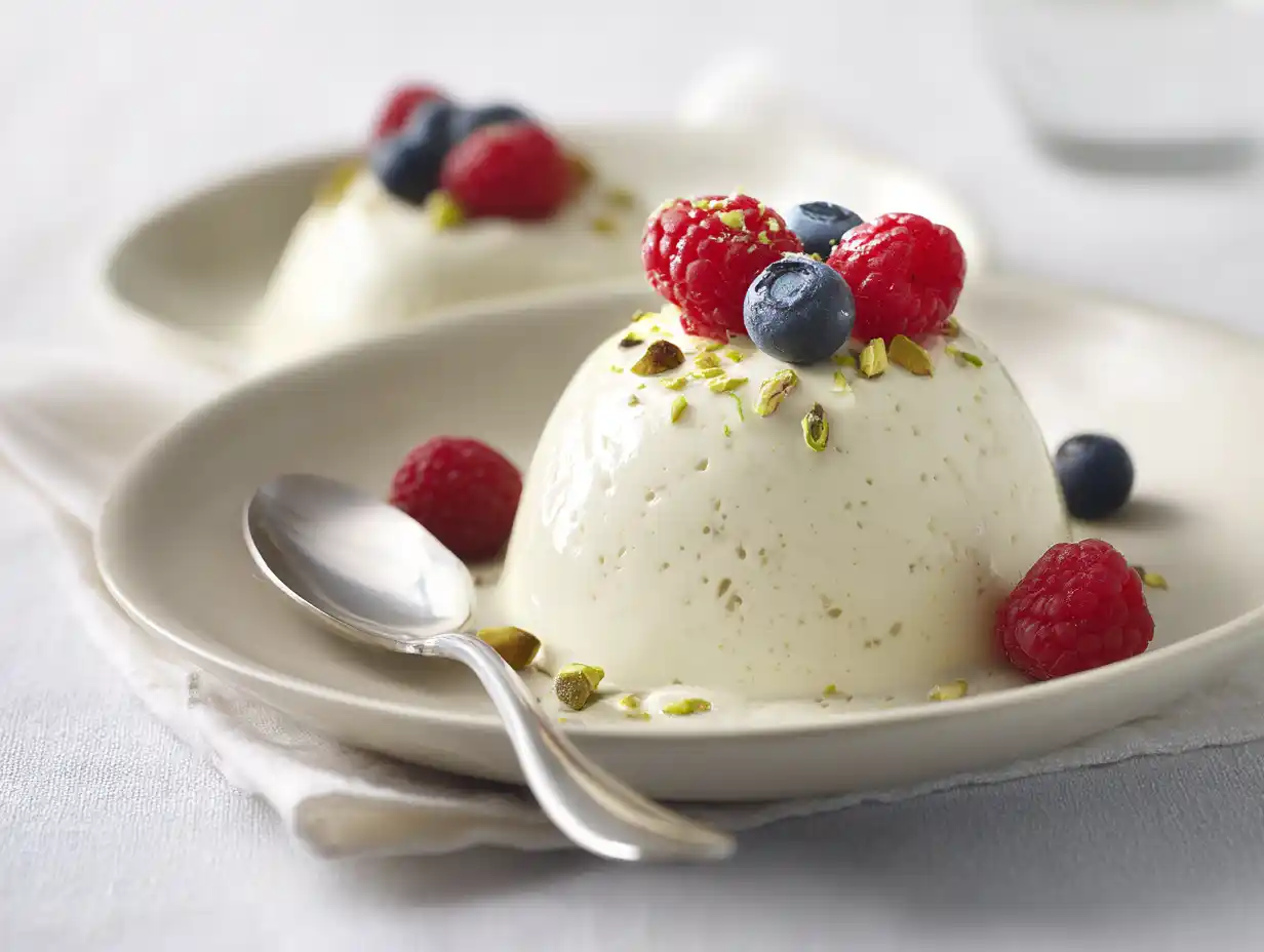 pannacotta vanilj i små glas med len, krämig yta och mörka vaniljprickar, serverad kall på ljus bakgrund