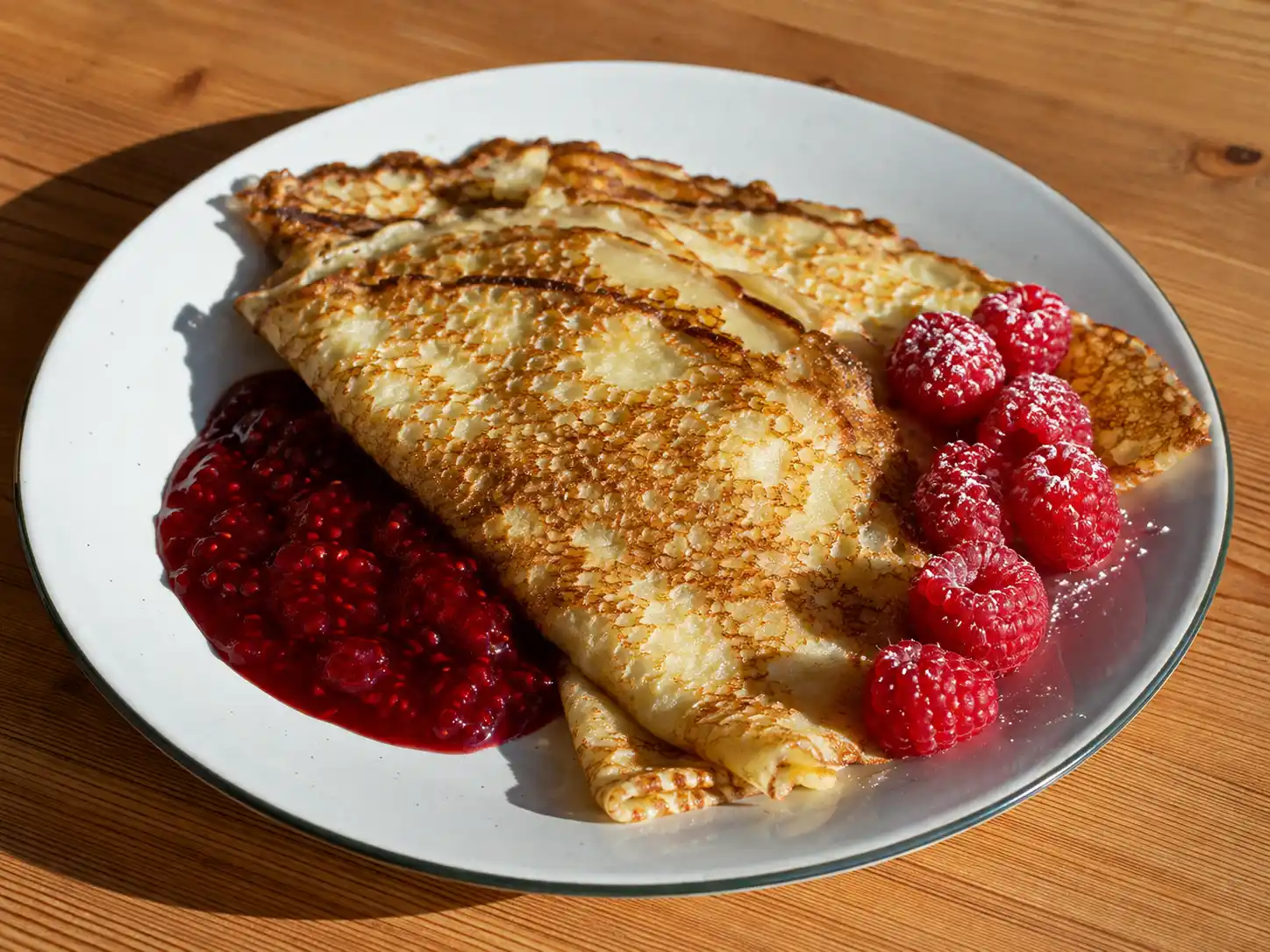 pannkakor 2 ägg 3 dl mjölk med tunna gyllene pannkakor, lätt frasiga kanter och hallonsylt