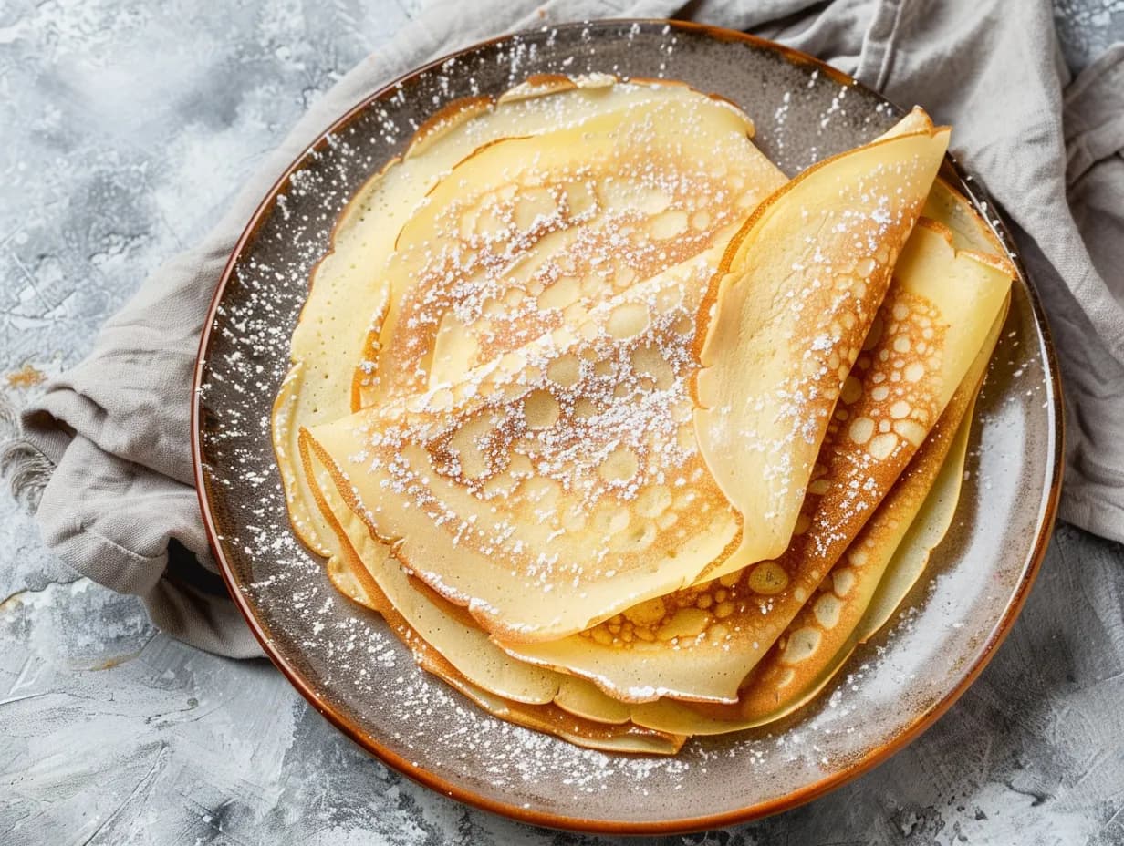 En trave nystekta pannkakor toppade med sylt och grädde på en tallrik, redo att serveras enligt ett klassiskt pannkakor grundrecept.