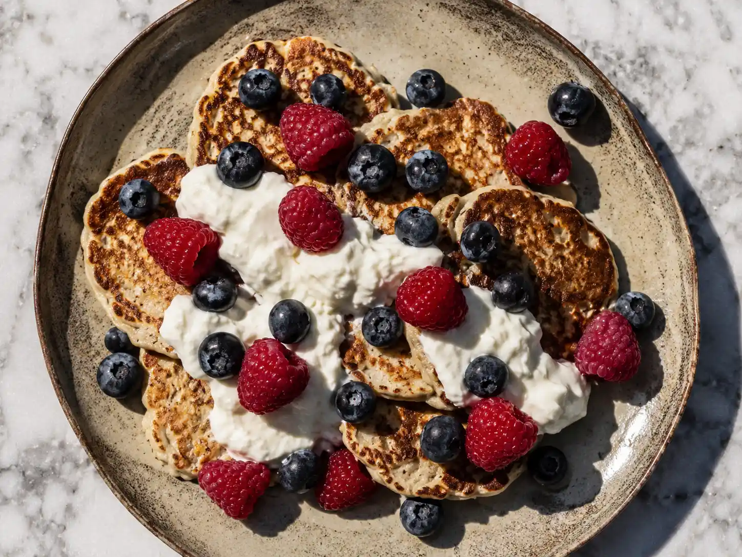 pannkakor med kvarg på tallrik med bär, gyllene kanter och mjuk, tjock insida
