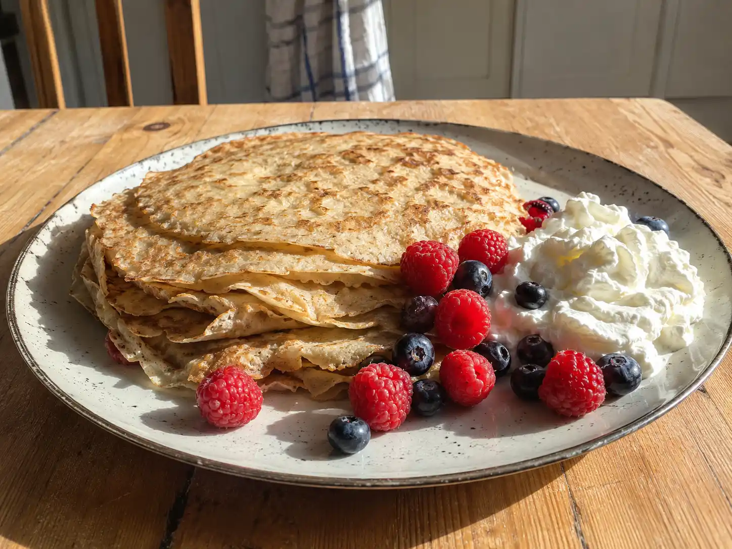 pannkakor utan ägg i en gyllene stapel med frasiga kanter, hallon, blåbär och en klick vispad grädde