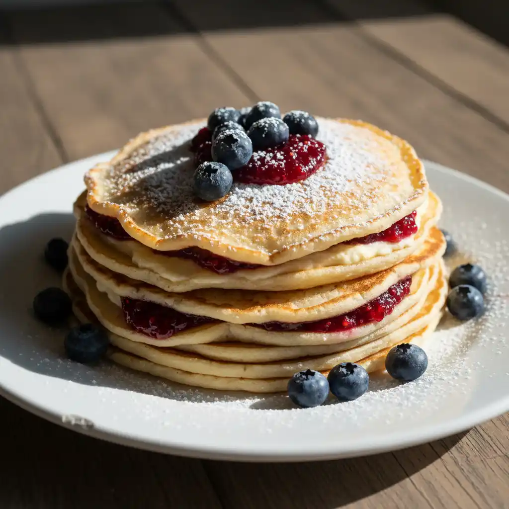 pannkakor utan mjölk staplade på tallrik med gyllene yta, sylt och mjuka kanter