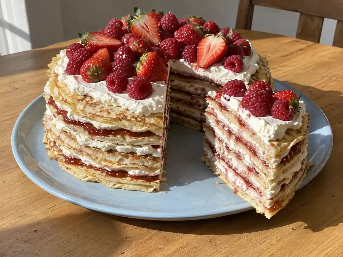Hög pannkakstårta med synliga lager av grädde och jordgubbssylt, toppad med färska röda bär.