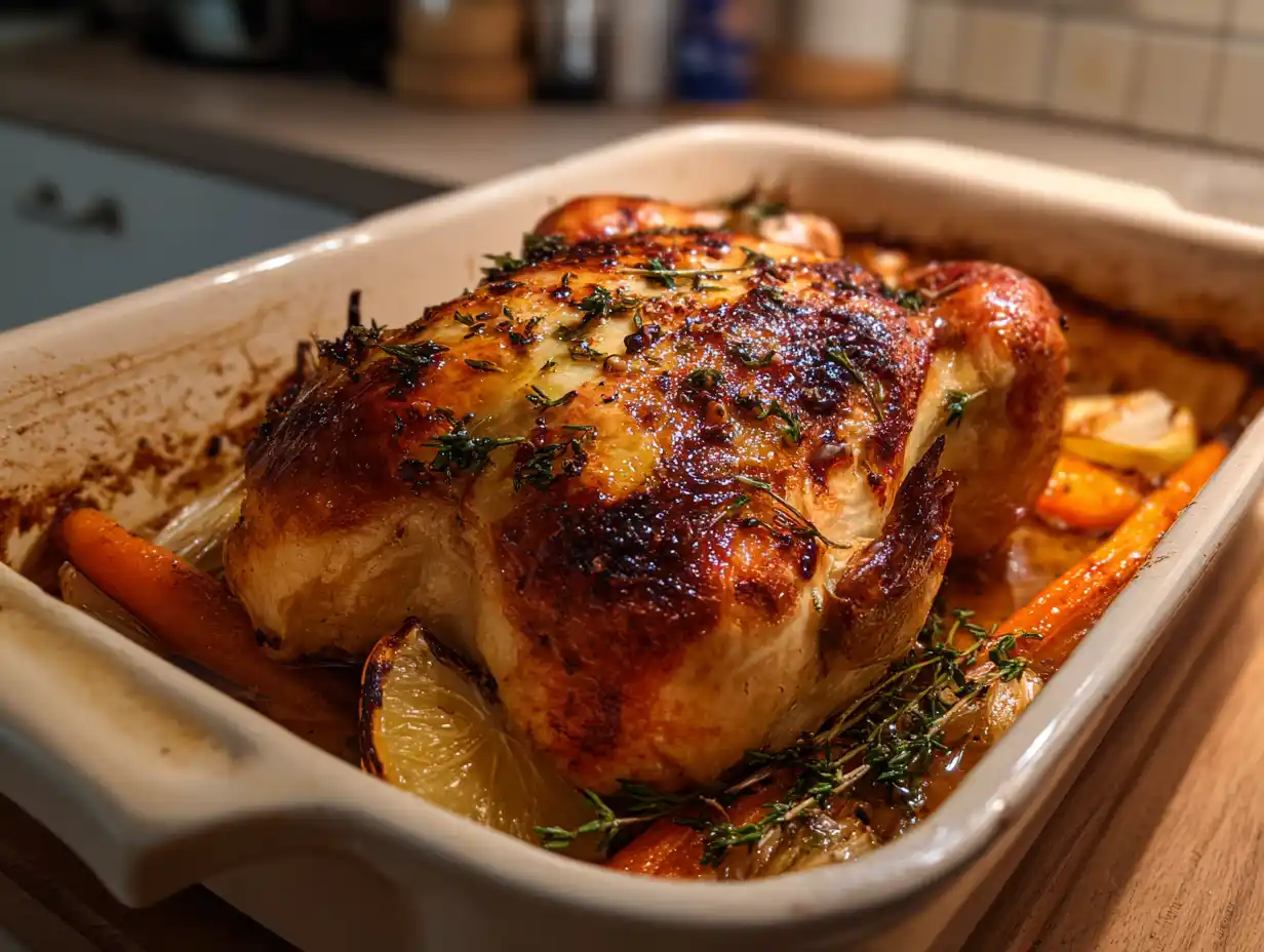 påsk kyckling i ugnsform med gyllene skinn, citronklyftor och färska örter på träbricka i naturligt ljus