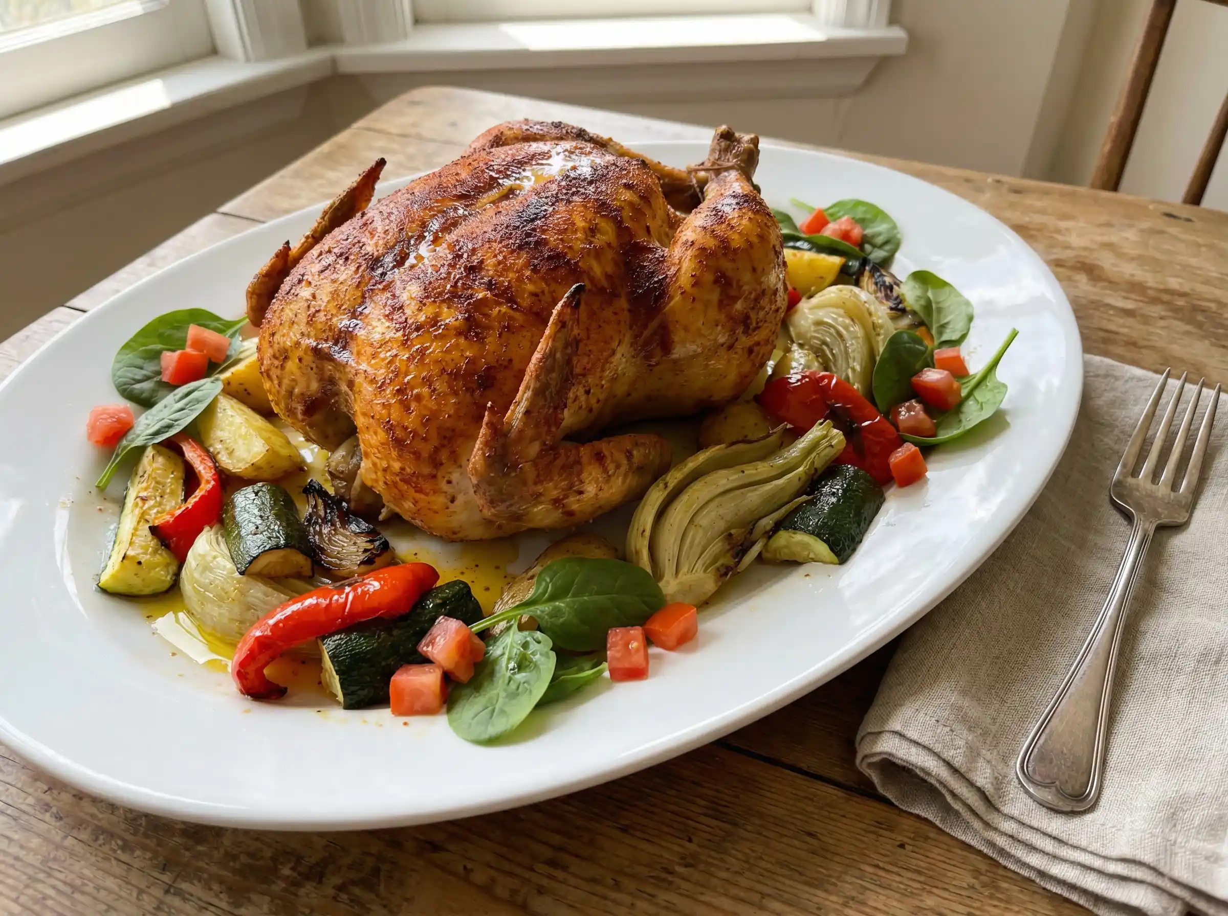 påskmiddag med helstekt kyckling kryddad med rökt paprika och serverad med varm sallad på zucchini, paprika och potatis på fat.