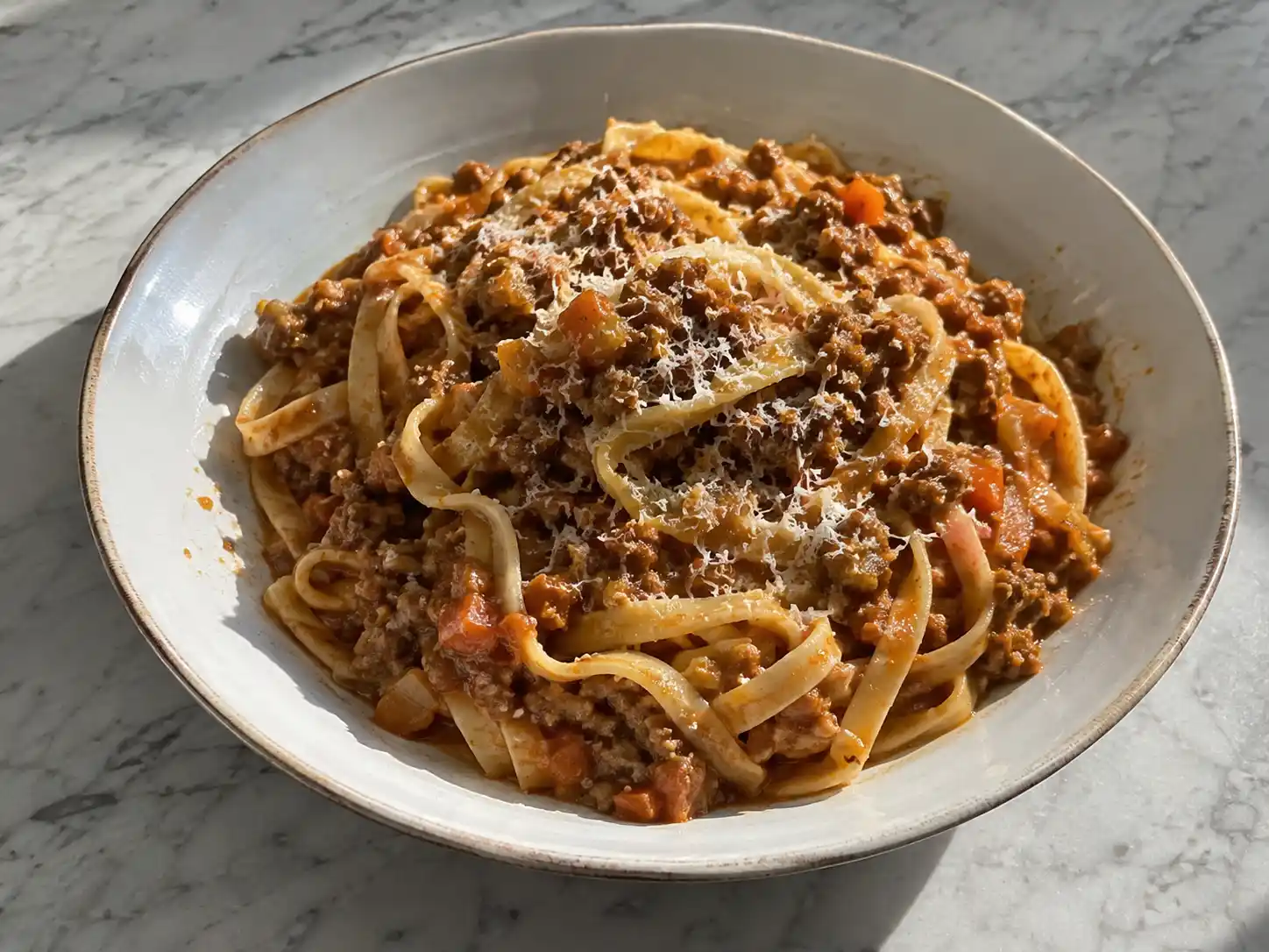 pasta bolognese med tagliatelle, mustig köttfärssås, morot och riven parmesan på tallrik