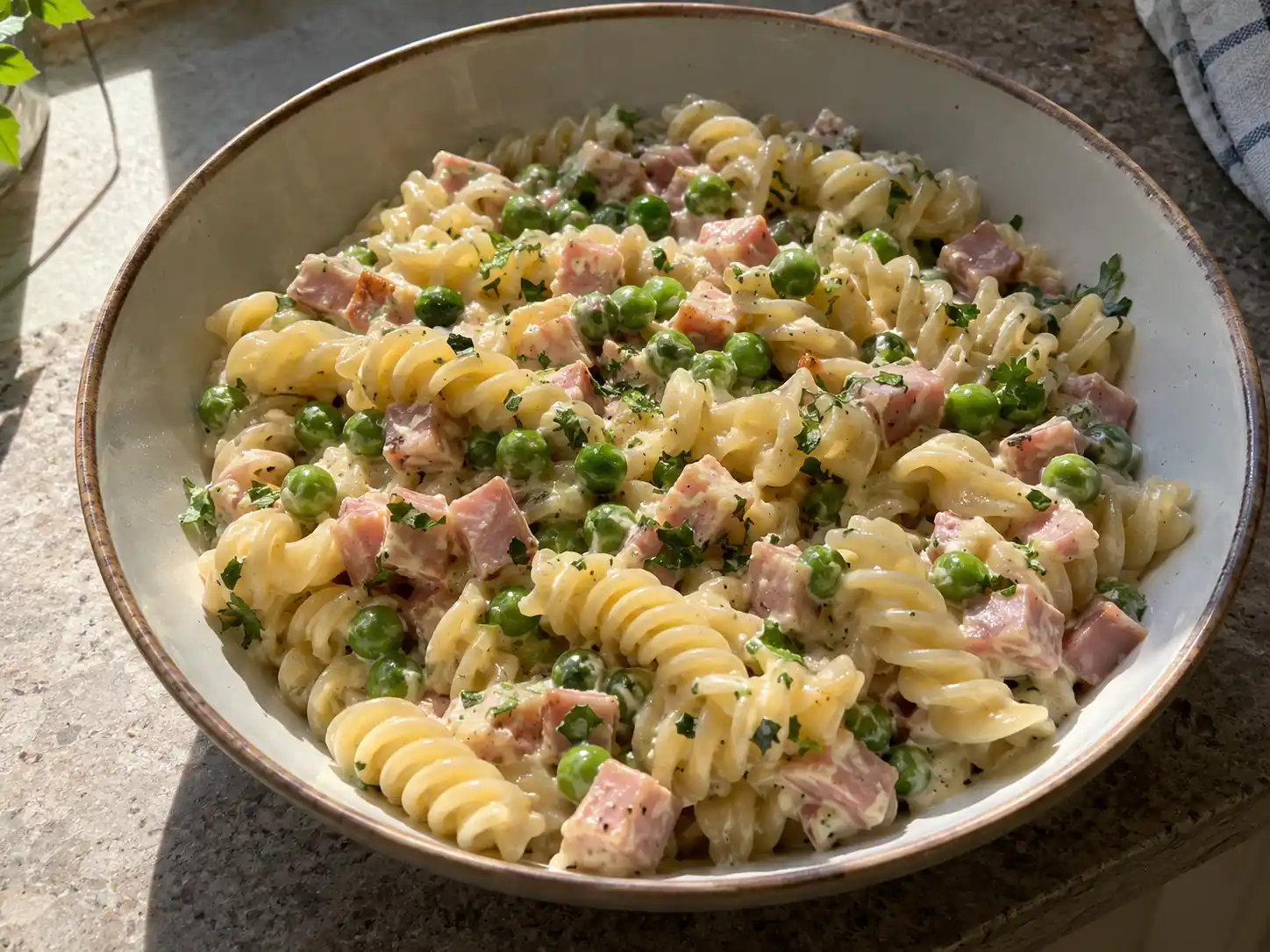 pasta med skinksås i djup tallrik med fusilli, rökt skinka, gröna ärtor och krämig ljus sås