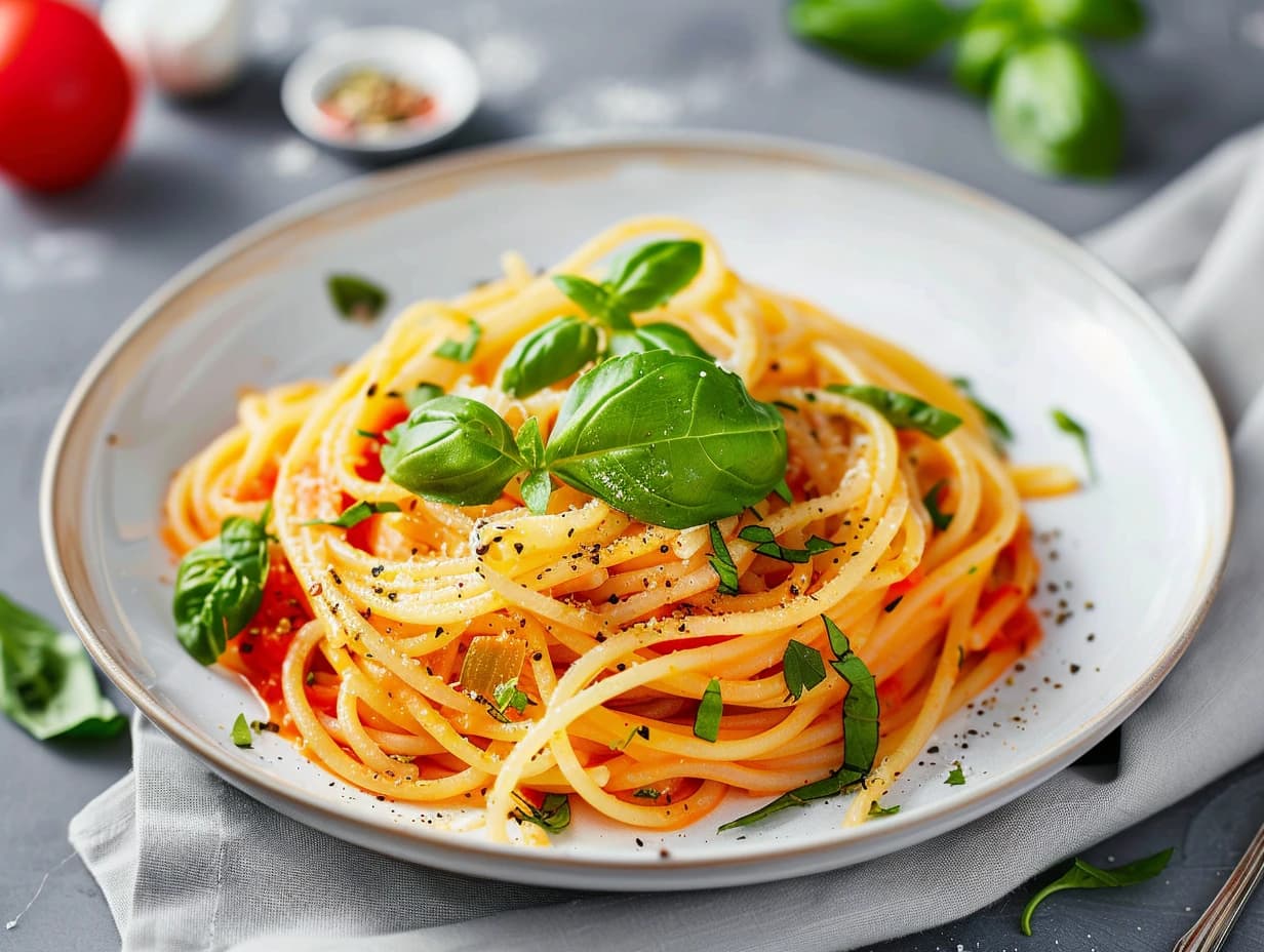 Pasta i vit skål med örter och olivolja