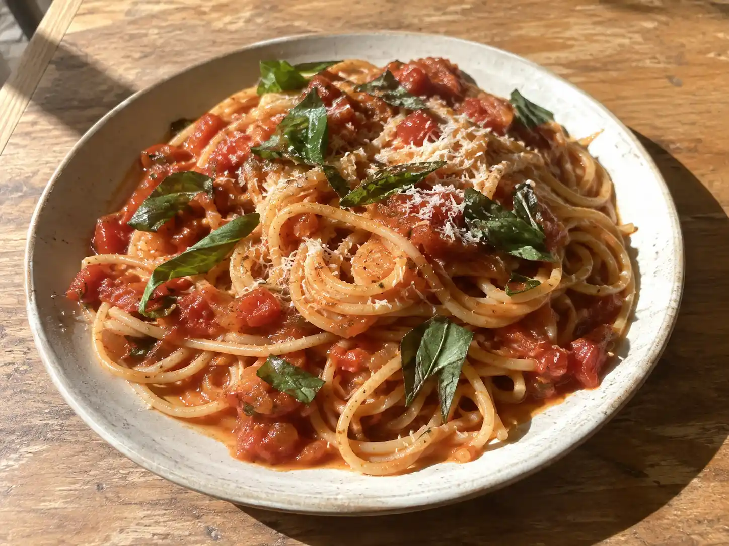 pasta tomatsås med blank röd tomatsås, basilika och riven parmesan serverad på en enkel tallrik