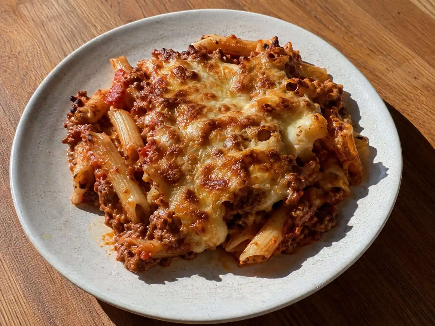 Pastagratäng med köttfärs i ugnsform med gyllene ost, tomatig färssås och synliga pastabitar