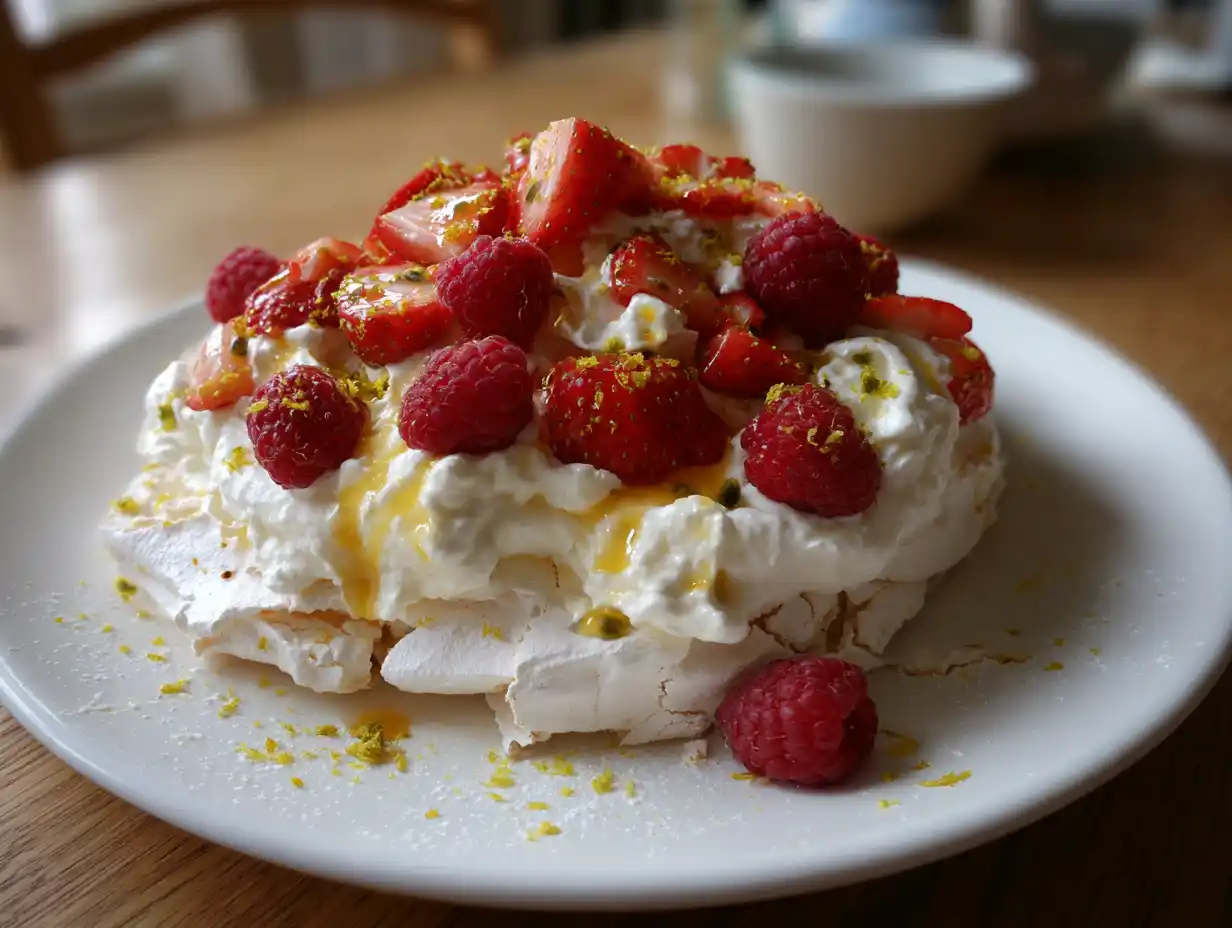 pavlova påsk på serveringsfat med vispgrädde, jordgubbar och gula citronskivor i naturligt dagsljus hemma