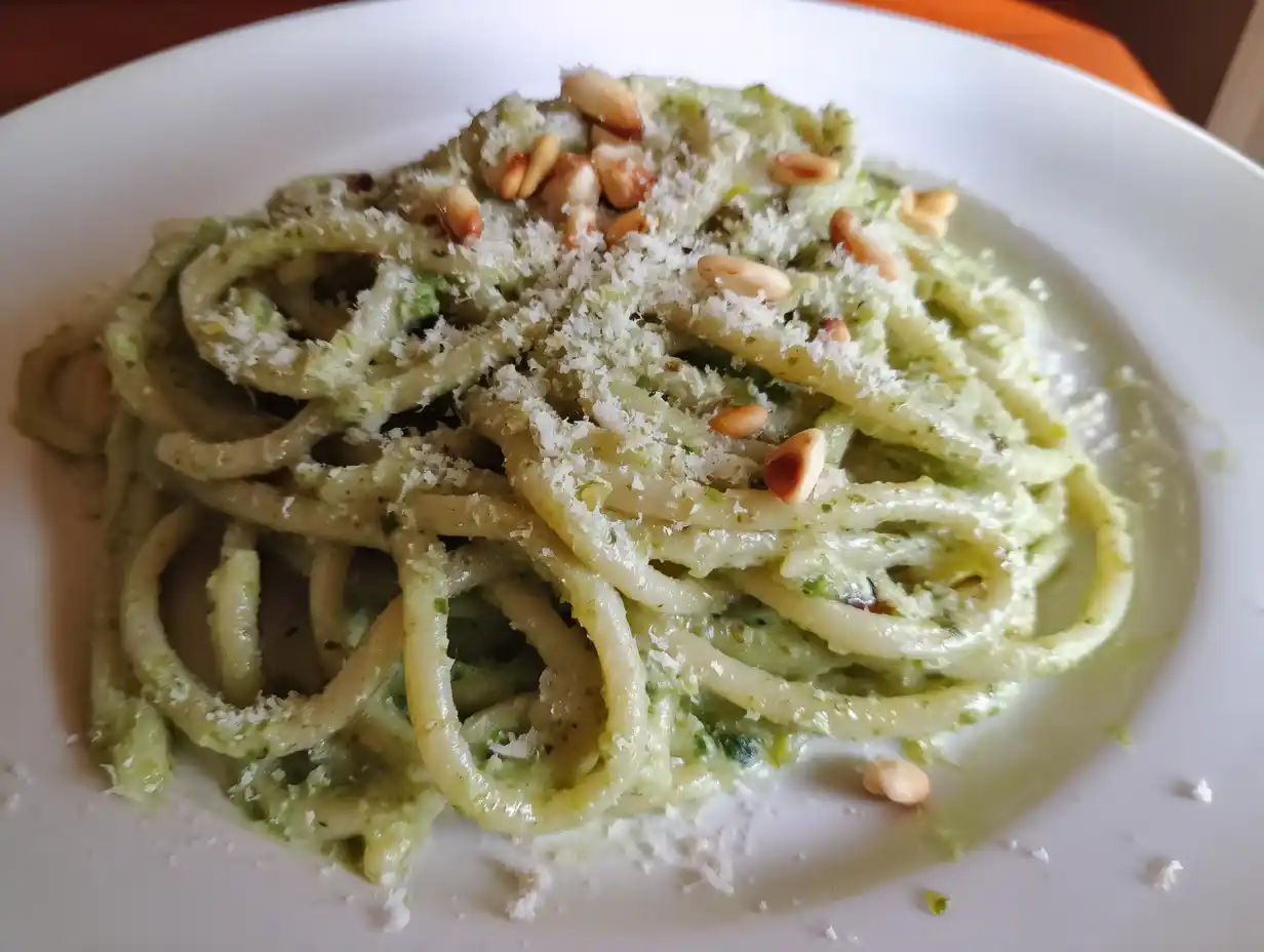 pesto pasta upplagd i djup tallrik med grön sås, riven parmesan och mjuk glans från pastavatten.