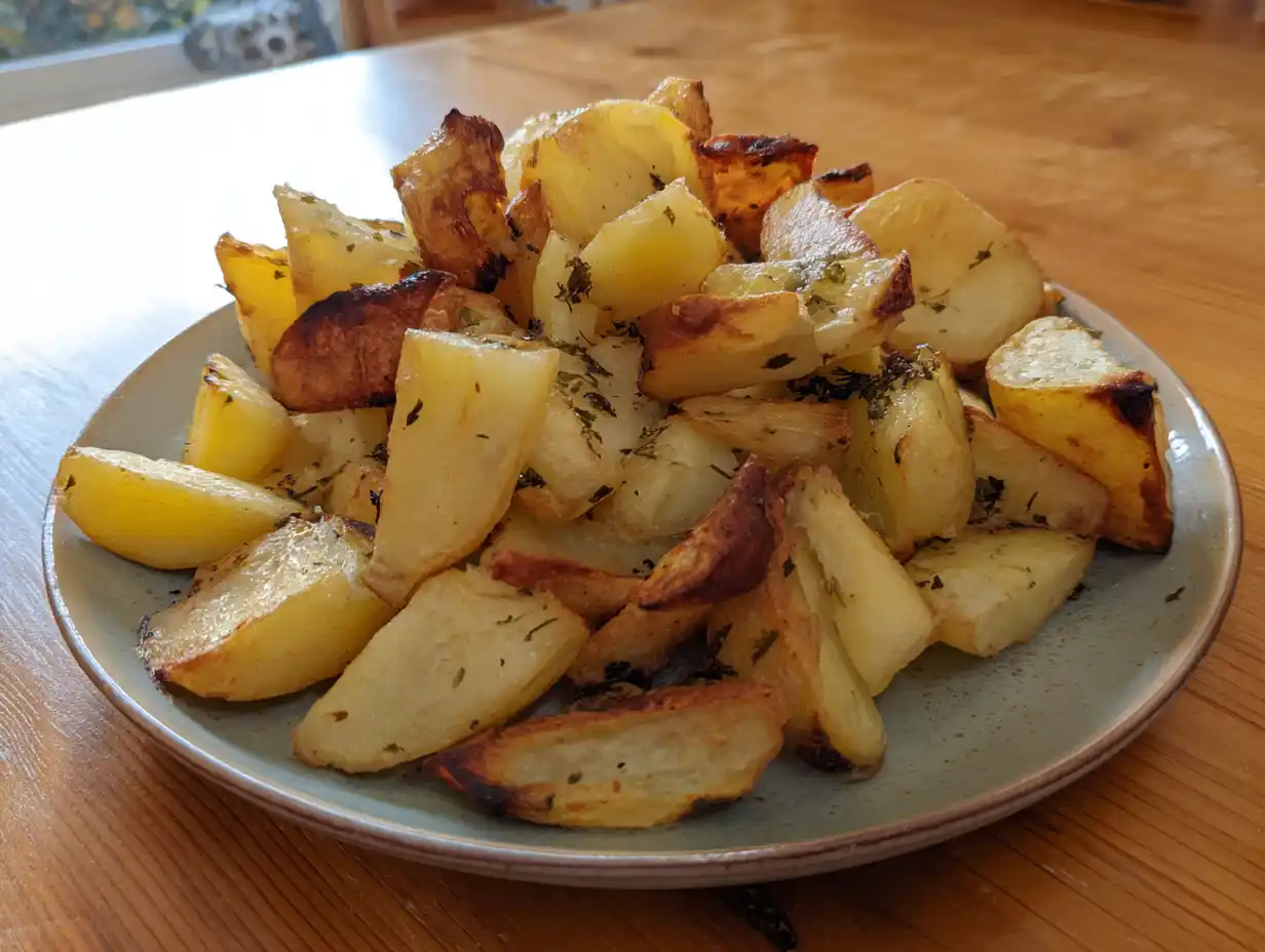 Potatis i ugn på plåt med gyllene yta, mjuk mitt, vitlök och örter i enkel hemmamiljö.