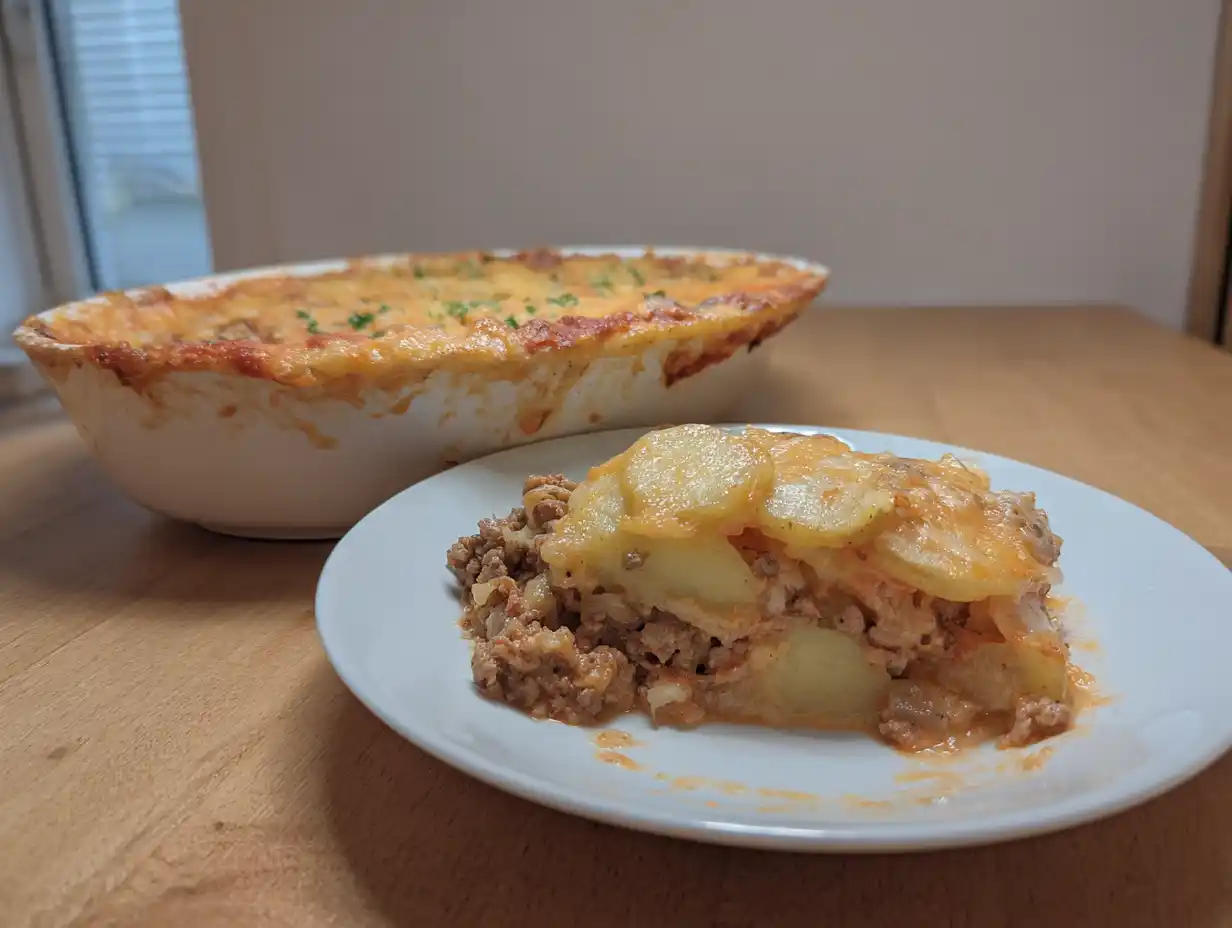 potatis med köttfärs i ugnsform med gyllene osttäcke, mjuk potatis och saftig färs i lager.