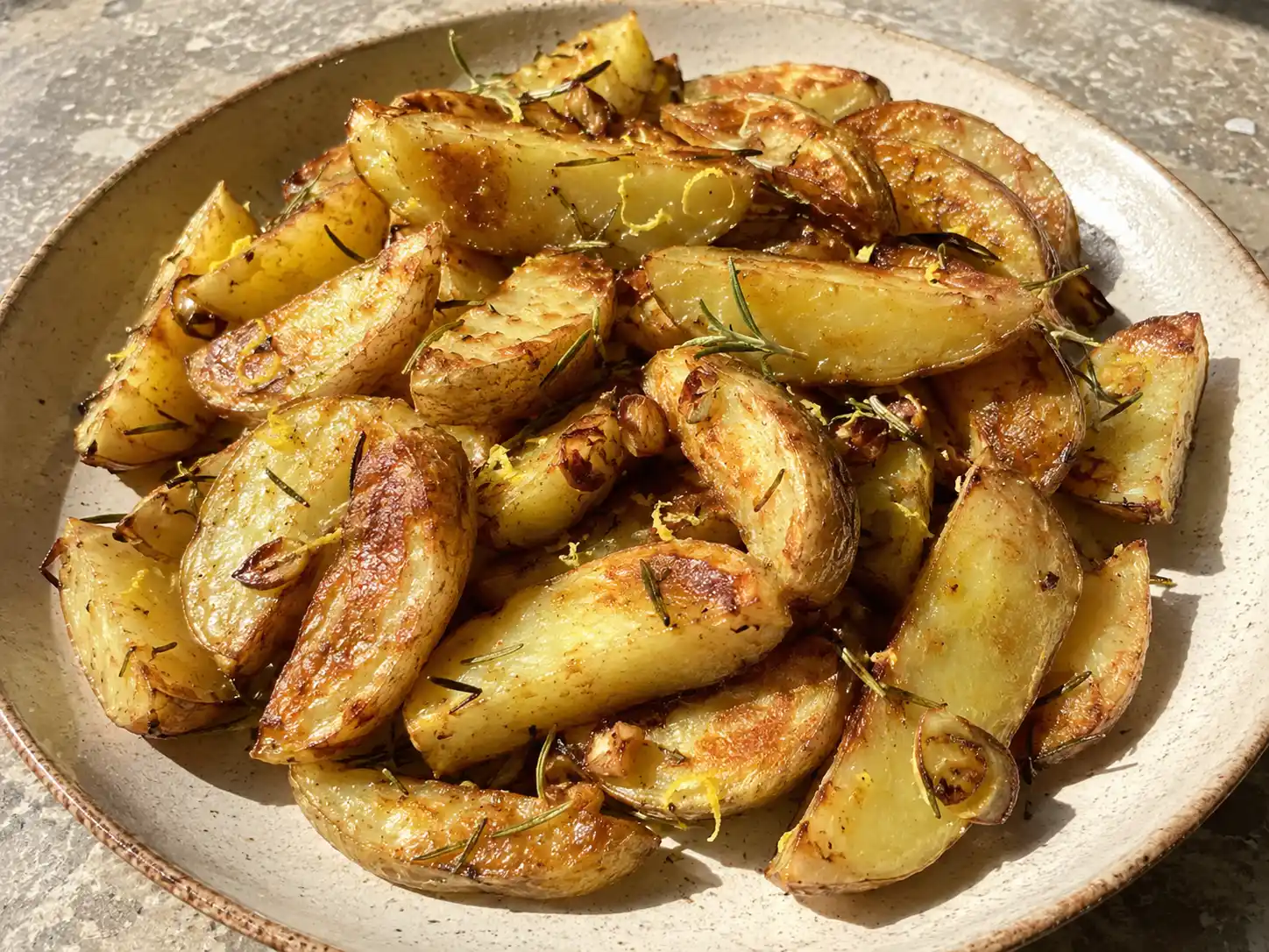 potatis recept med gyllene ugnsrostade klyftor, vitlök, rosmarin och citron på en enkel tallrik