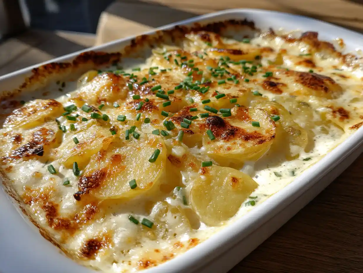 En gyllene potatisgratäng färskpotatis i en vit form med bubblande grädde och krispiga kanter.