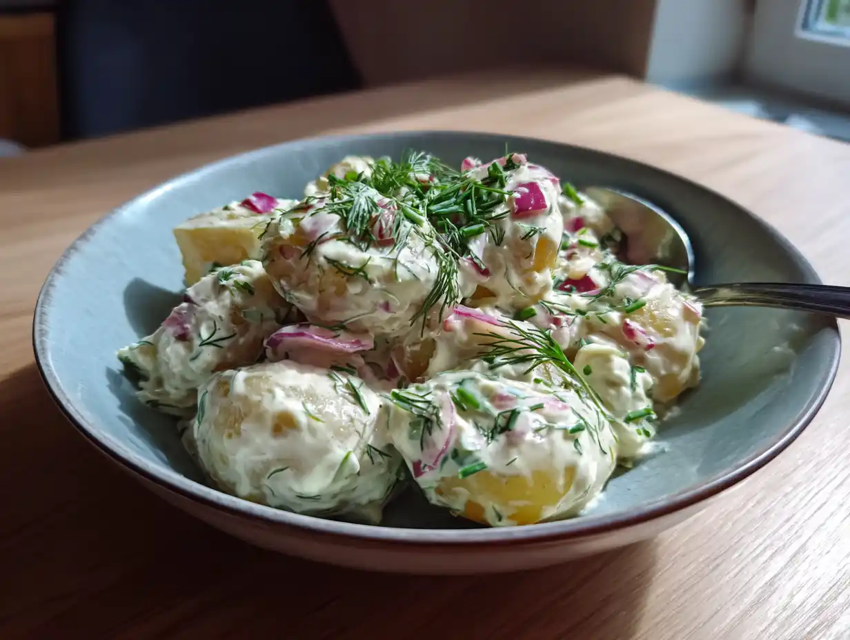 potatissallad av färskpotatis i skål med dill, gräslök och krämig dressing, serverad enkelt på köksbord hemma.