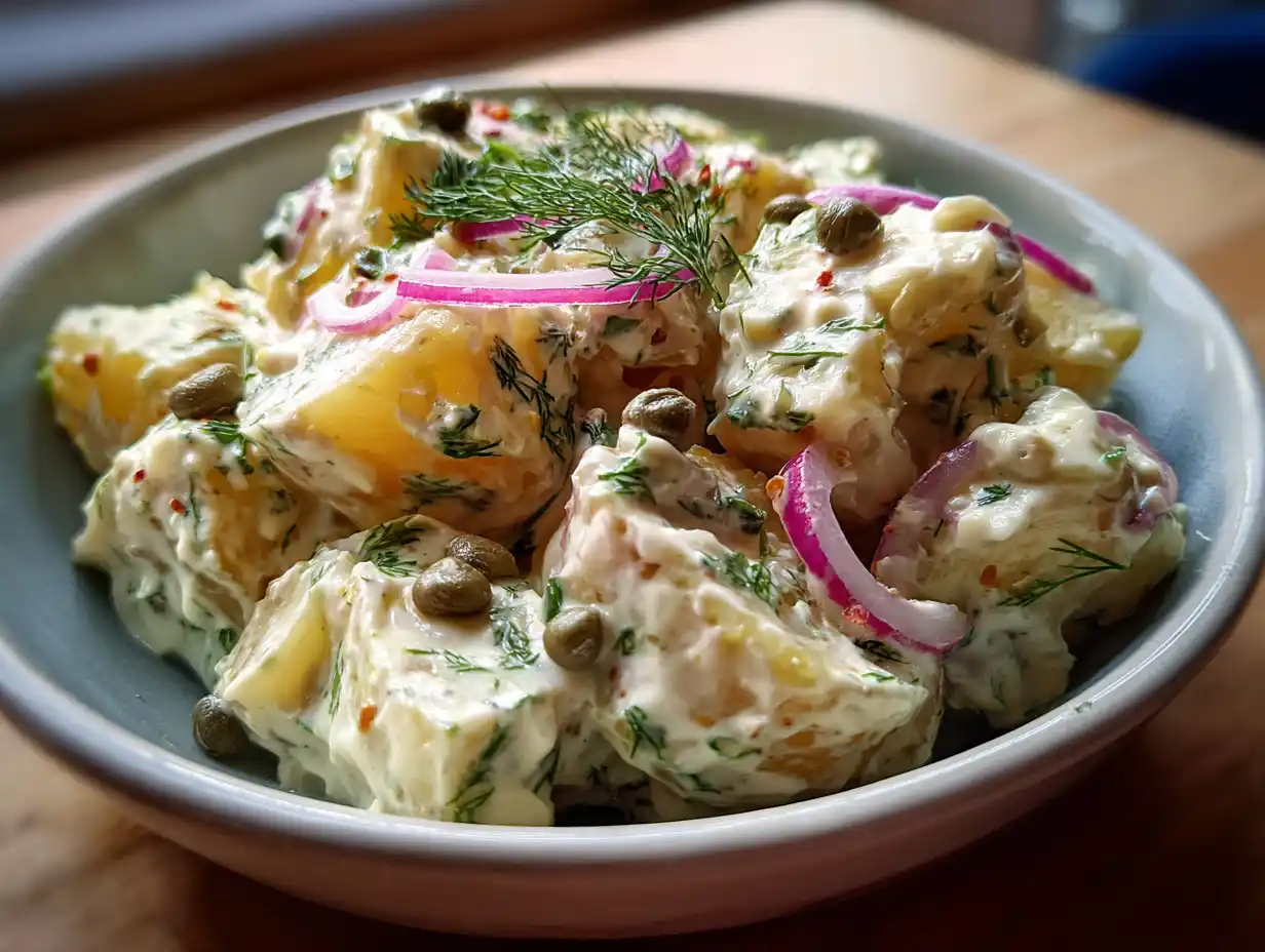 potatissallad grill i skål med dill, rödlök och kapris på ett enkelt dukat bord hemma.
