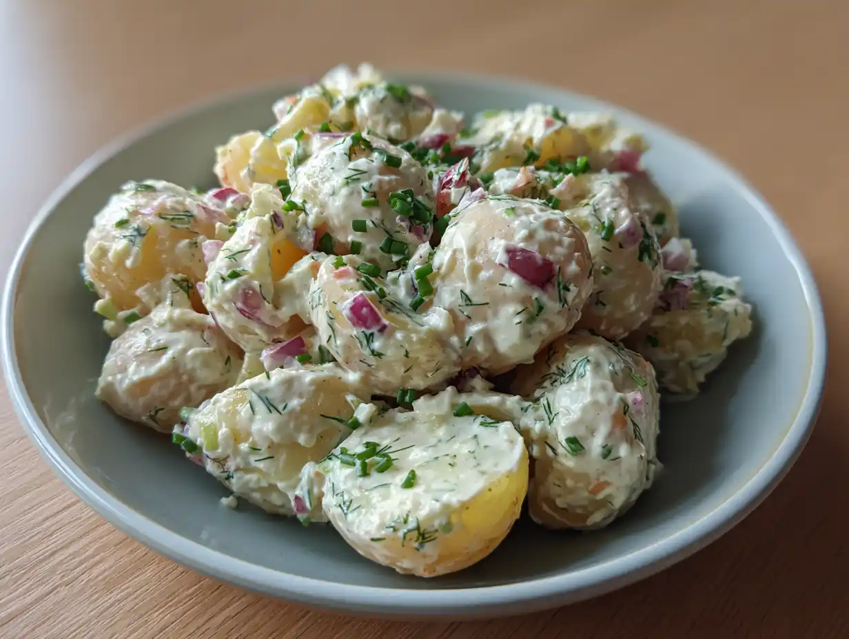 potatissallad midsommar i skål med färskpotatis, dill, gräslök och rödlök på ett enkelt sommarbord hemma.
