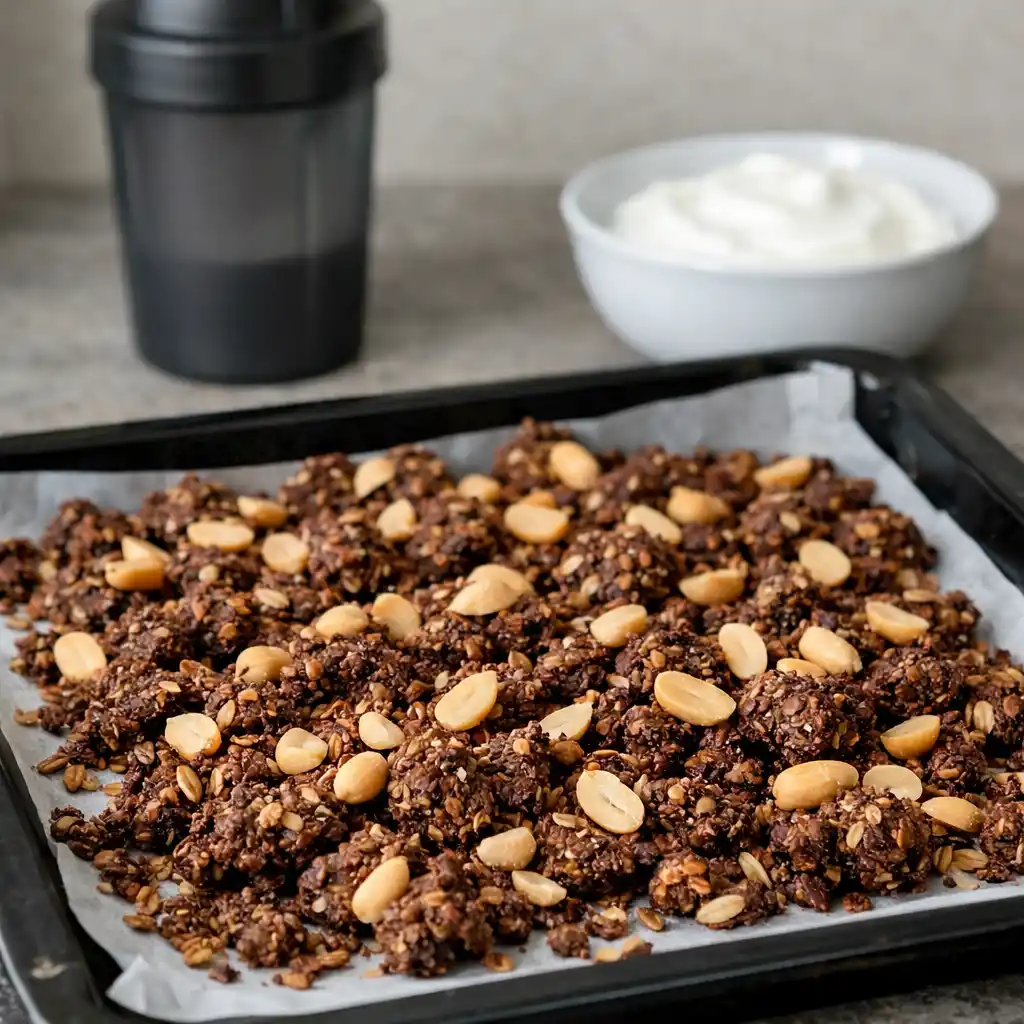 protein granola med choklad, havregryn och jordnötter på plåt, krispig och gyllenbrun.