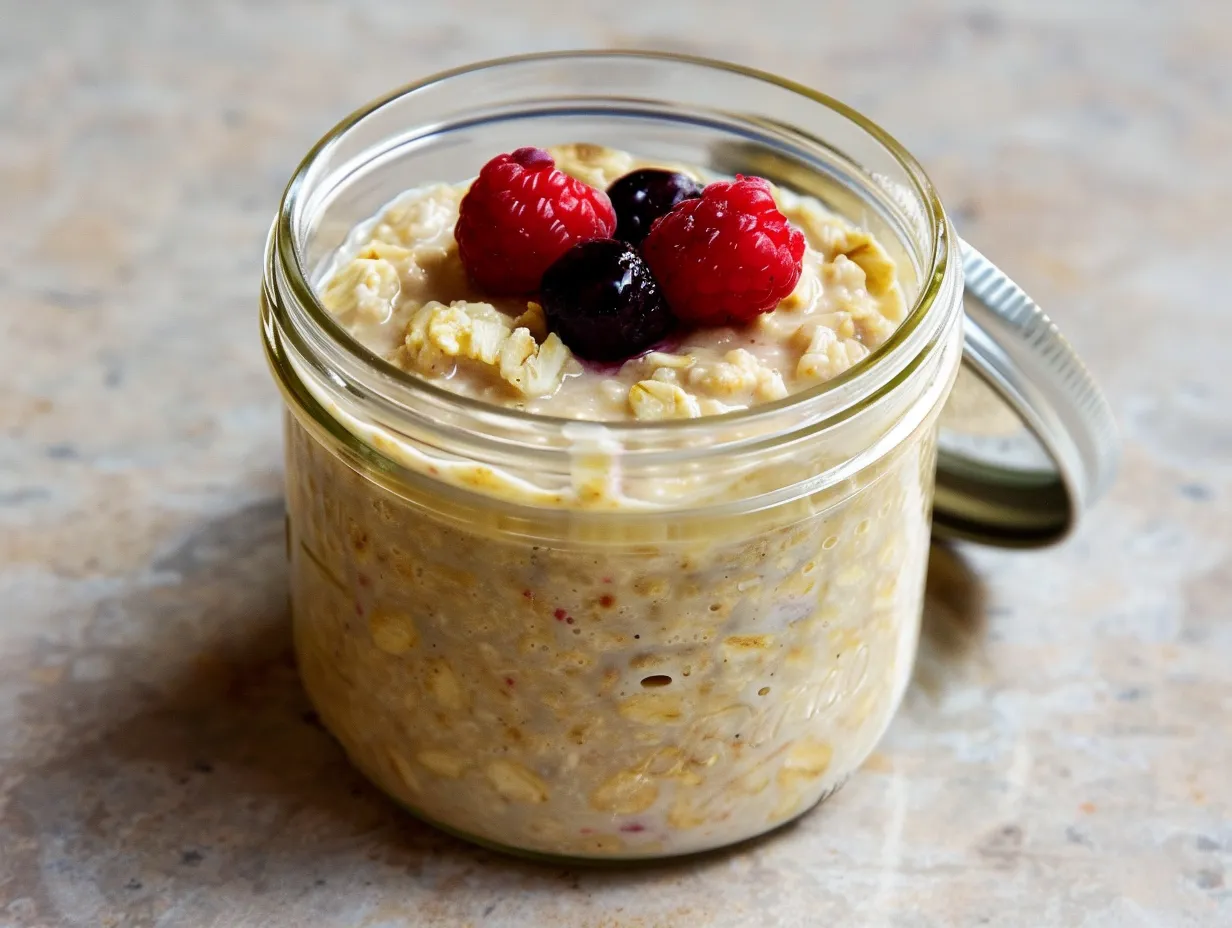 Protein overnight oats i burk med bär på toppen, krämig och mättande frukost