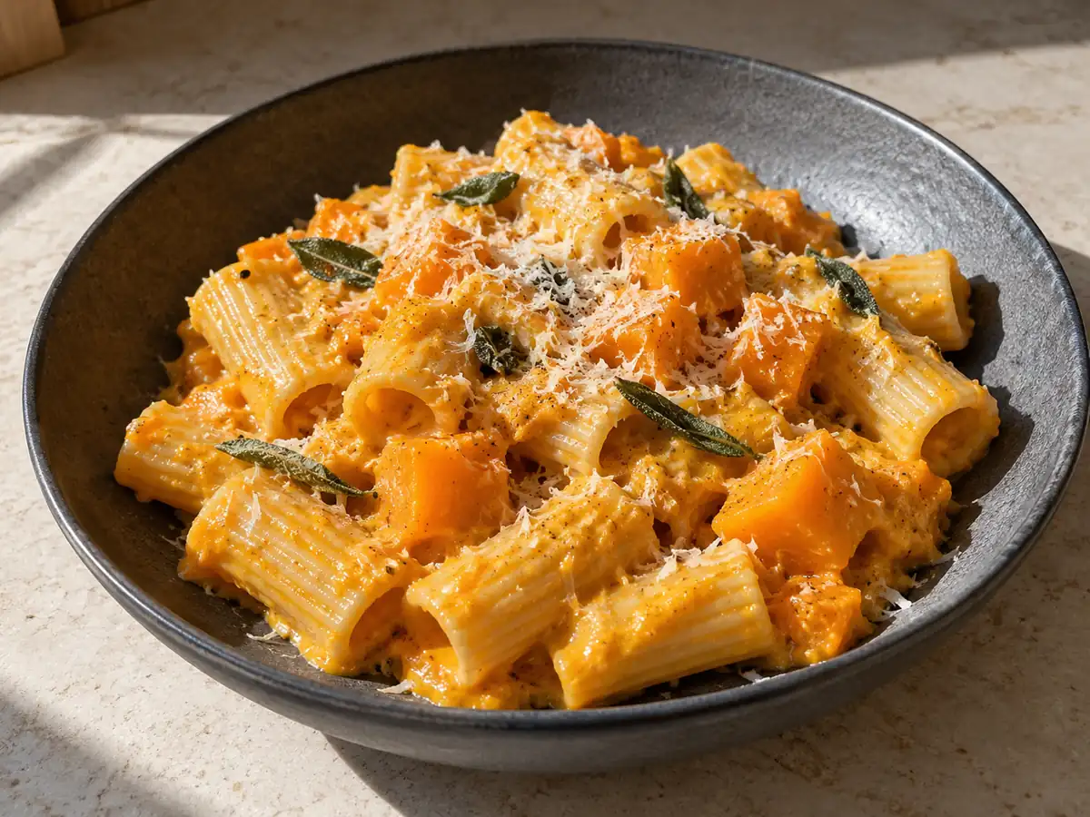 pumpa pasta med räfflade pastarör i orange krämig sås, små pumpabitar, riven ost och gröna salviablad
