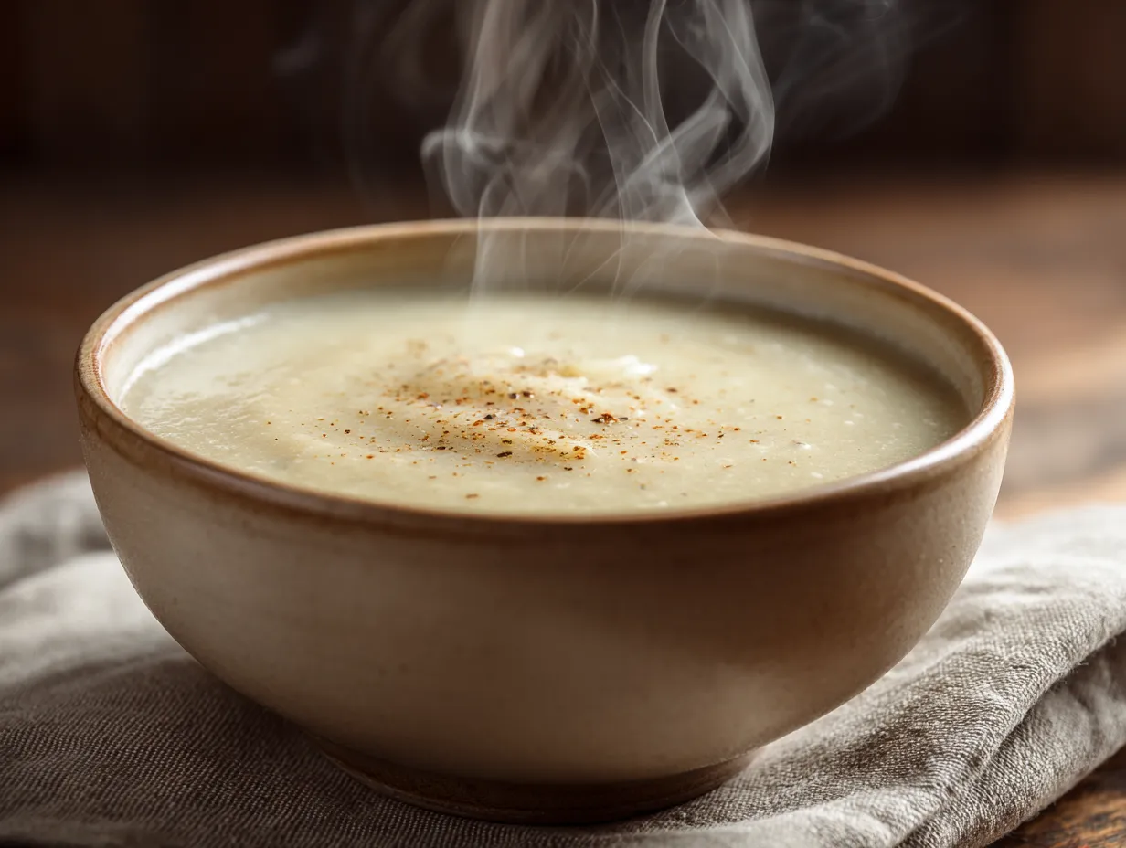 Ett klassiskt purjolökssoppa recept med krämig potatis och färska örter i en vit skål.