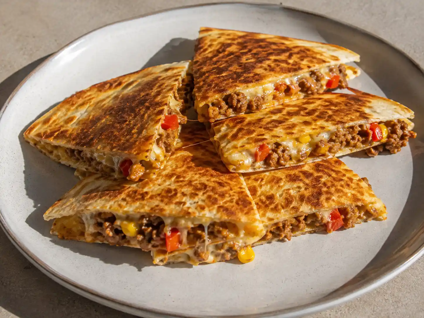 quesadillas köttfärs med gyllene tortillabröd, kryddad färs, paprika, majs och smält ost på tallrik